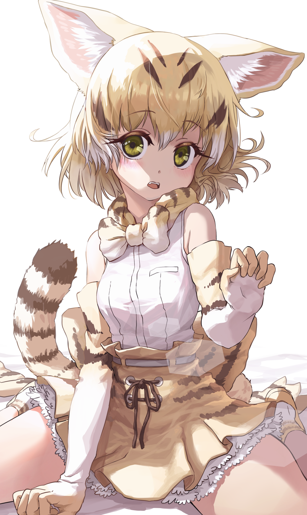 1girl animal_ear_fluff animal_ears bangs bed_sheet belt blonde_hair bow bowtie cat_ears cat_tail claw_pose commentary elbow_gloves eyebrows_visible_through_hair fur_collar gloves grey_belt head_tilt high-waist_skirt highres kemono_friends lens_flare looking_at_viewer melaton miniskirt multicolored_hair on_bed open_mouth print_gloves print_neckwear print_skirt sand_cat_(kemono_friends) sand_cat_print shirt shoes short_hair sitting skirt sleeveless sleeveless_shirt socks solo striped_tail tail wariza white_background white_gloves white_legwear white_shirt yellow_eyes yellow_footwear yellow_gloves yellow_neckwear yellow_skirt