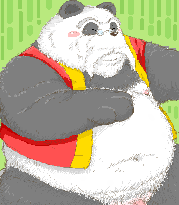 2004 anthro belly black_body black_fur black_nose blush digital_media_(artwork) eyes_closed eyewear fur genitals giant_panda glasses kemono low_res male mammal navel norataro oekaki overweight overweight_anthro overweight_male penis solo ursid white_body white_fur