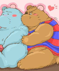 &lt;3 2004 5:6 anthro blue_body blue_fur blush brown_body brown_fur digital_media_(artwork) duo erection eye_patch eyes_closed eyewear fur ganba_no_bouken genitals kemono low_res male male/male mammal murid murine norataro oekaki overweight overweight_male penis rat rodent sitting yoisho