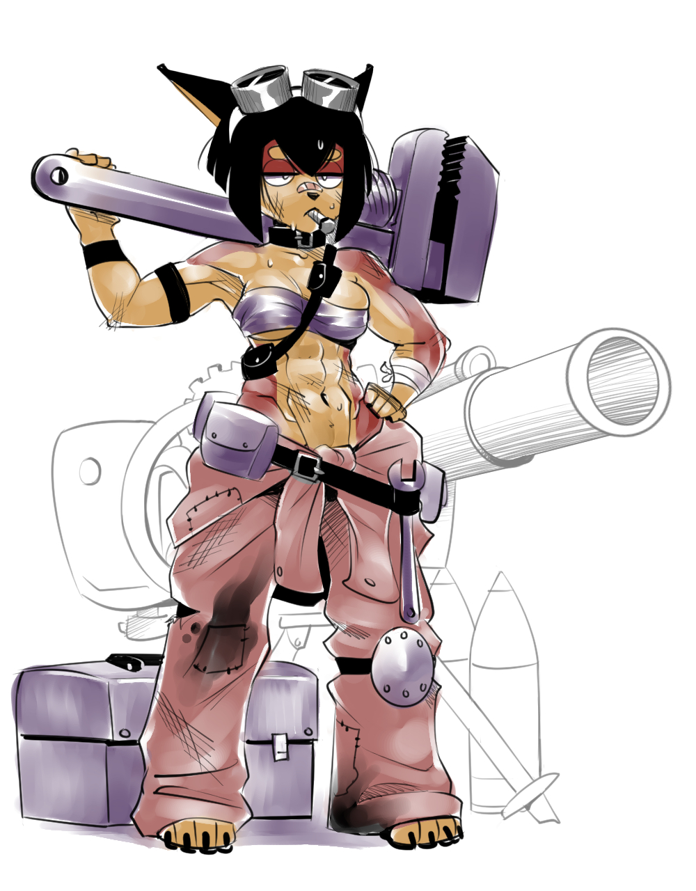 2021 abs alternate_costume ammunition anthro artificer barefoot biceps bodily_fluids breasts canid canine canis chest_wraps dobermann dog_knight_rpg domestic_dog eyewear feet female goggles goggles_on_head hardtones hi_res mammal muscular muscular_anthro muscular_female pinscher ranged_weapon rocket_launcher rory_(ceehaz) solo sweat tools under_boob weapon wraps wrench
