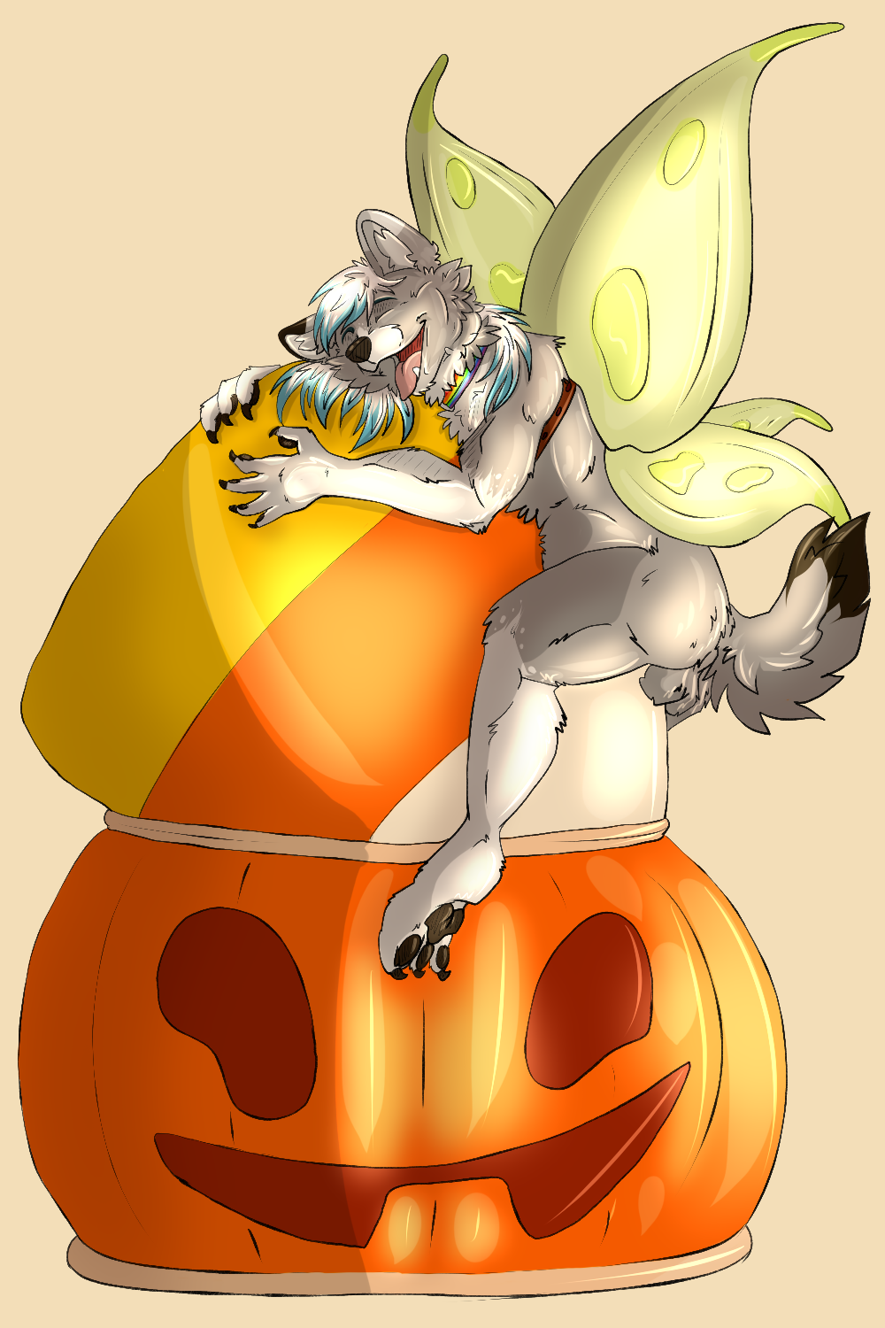 2:3 anthro balls candy candy_corn canid canine canis dante_kinkade dessert fairy food genitals halloween happy hi_res holidays hug insect_wings jack-o'-lantern jay_lee_san male mammal smile solo wings wolf