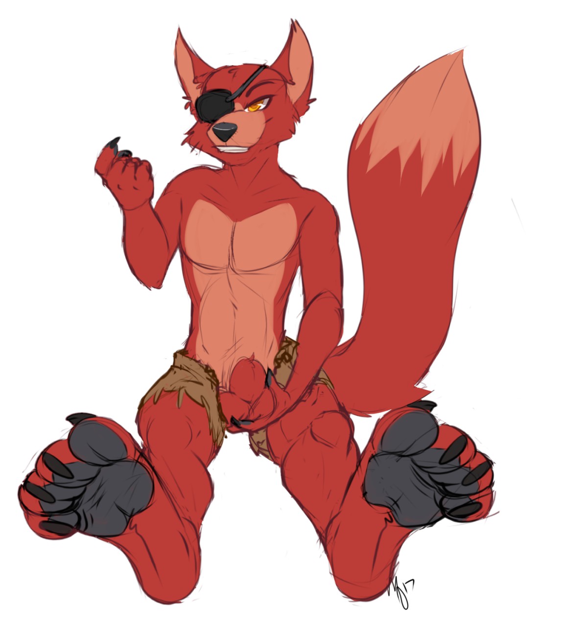 2017 animal_genitalia anthro balls bottomwear canid canine canis claws clothed clothing digital_media_(artwork) dipstick_tail eye_patch eyewear feet five_nights_at_freddy's fox foxy_(fnaf) fully_sheathed fur genitals hi_res holding_balls looking_at_viewer male mammal monsterdrool multicolored_tail nude open_bottomwear open_clothing open_pants pants pawpads paws pecs red_body red_fur red_sheath sheath simple_background sitting smile solo tan_body tan_fur teasing teeth toes video_games yellow_eyes
