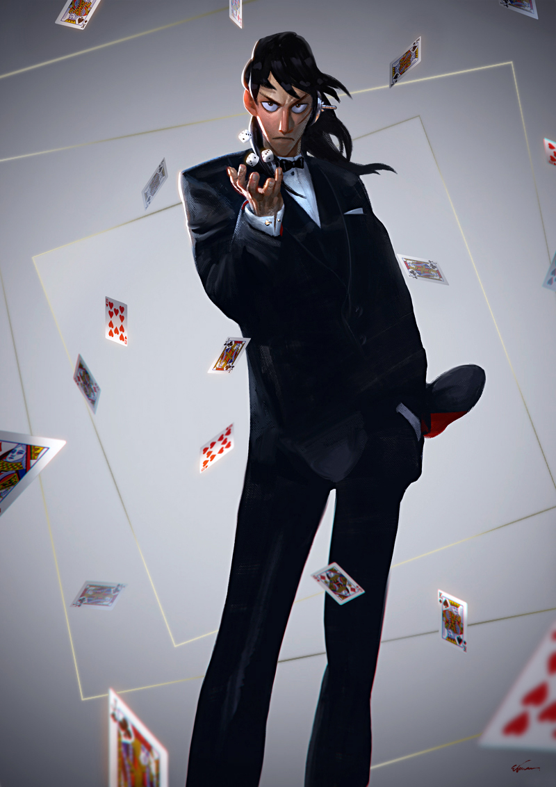 1boy black_bow black_hair black_neckwear black_suit bow bowtie card dice etama_quomo feet_out_of_frame hand_in_pocket itou_kaiji kaiji long_hair long_sleeves looking_at_viewer male_focus shirt signature solo white_shirt