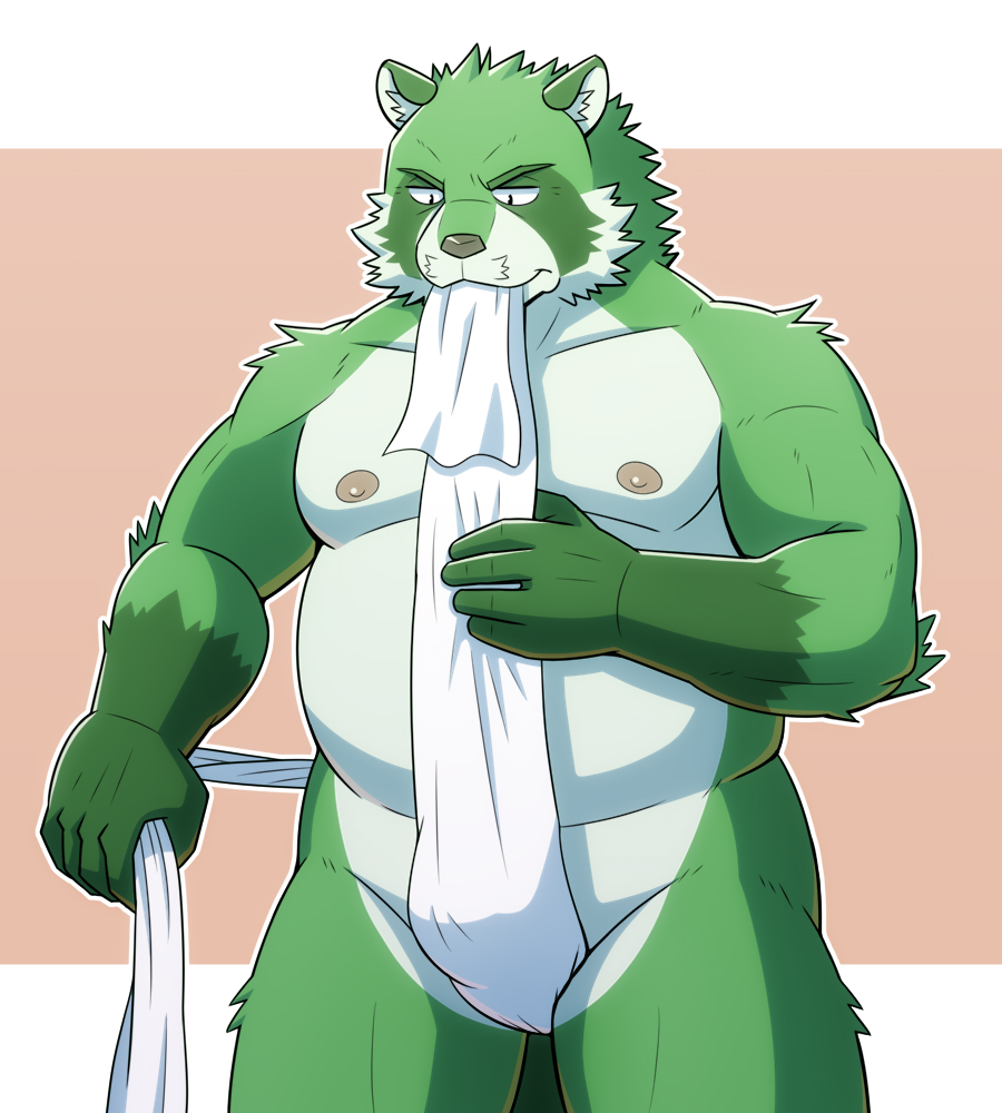 2021 anthro asian_clothing belly canid canine clothing east_asian_clothing fundoshi fur green_body green_fur humanoid_hands jacklantern_11 japanese_clothing kemono male mammal moobs nipples overweight overweight_anthro overweight_male raccoon_dog solo tanuki underwear