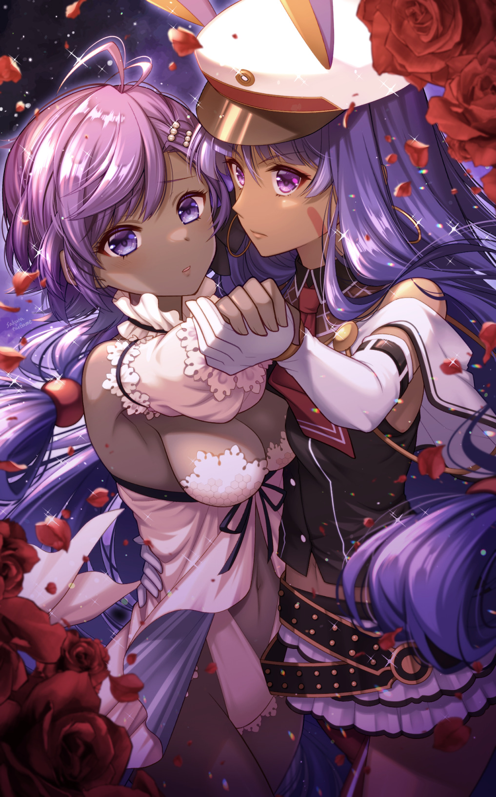 2girls animal_ears bangs blush breasts cleavage dark_skin dark_skinned_female dress earrings facepaint facial_mark fate/grand_order fate/prototype fate/prototype:_fragments_of_blue_and_silver fate_(series) hassan_of_serenity_(fate) highres hoop_earrings jackal_ears jewelry large_breasts long_hair looking_at_viewer lostroom_outfit_(fate) low-tied_long_hair medium_breasts multiple_girls nitocris_(fate) open_mouth petals purple_eyes purple_hair sakura_tsubame short_hair sidelocks very_long_hair