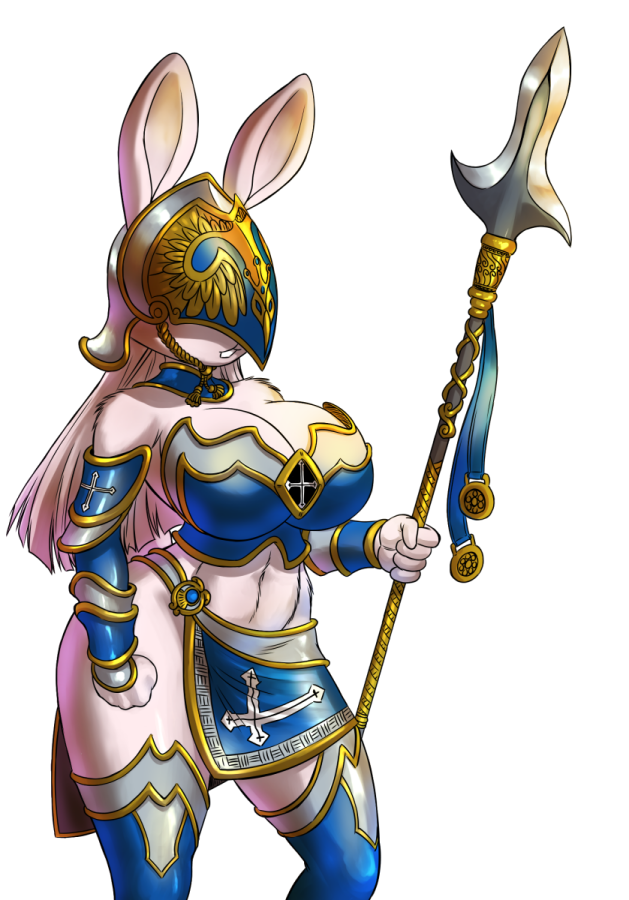 2021 alpha_channel anthro armor big_breasts breasts buckteeth chochi cleavage clothed clothing cross feathers female fur hair headgear helmet lagomorph leporid mammal melee_weapon polearm rabbit simple_background solo spear teeth transparent_background unconvincing_armor weapon white_body white_fur white_hair