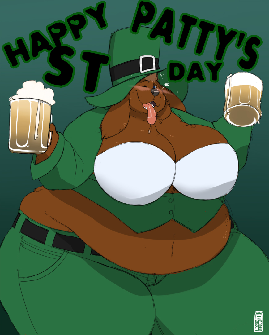 alcohol anthro bangabear beer beer_mug beer_stein belly beverage big_belly big_breasts big_butt black_belt blue_eyes blush bodily_fluids bottomwear bra breasts brown_body brown_fur brown_hair buckle butt canid canine canis clothing costume devin_d_parlett digital_media_(artwork) domestic_dog drooling drunk eyebrows female floppy_ears fur green_bottomwear green_clothing green_pants green_shirt green_topwear green_vest grey_nose hair hiccuping holidays invalid_color leprechaun_hat looking_at_viewer mammal molosser mountain_dog muffin_top newfoundland_dog one_eye_closed overweight overweight_anthro overweight_female pants pink_tongue raised_eyebrow saliva shirt solo st._patrick's_day substance_intoxication teeth text thick_arms thick_thighs tipsy tongue tongue_out topwear underwear white_bra white_clothing white_underwear wink winking_at_viewer