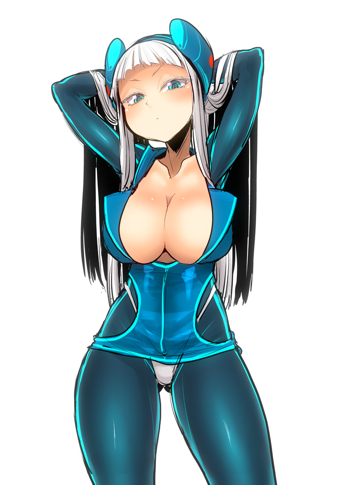 1girl arms_behind_head arms_up ass_visible_through_thighs bangs blue_bodysuit blue_dress blue_eyes blush bodysuit breasts closed_mouth collarbone commentary_request dress electro_emilia headgear highleg highleg_panties ken_(koala) large_breasts long_hair long_sleeves looking_at_viewer original panties shiny shiny_clothes shiny_skin short_dress simple_background skin_tight solo underwear white_hair