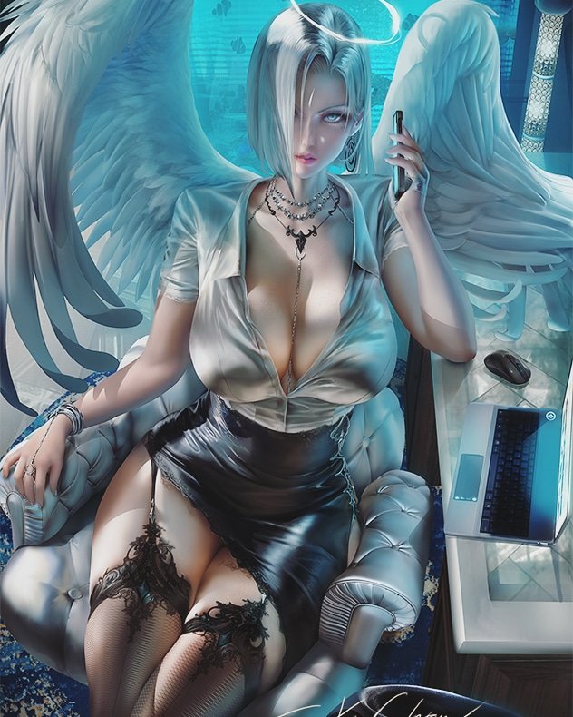 1girl angel angel_wings banned_artist blinds blouse blue_eyes bracelet breasts cellphone chair cleavage computer forehead hair_over_one_eye halo jewelry laptop large_breasts lips looking_at_viewer mouse_(computer) necklace original pencil_skirt phone rug sakimichan short_hair skirt smartphone solo white_hair wings