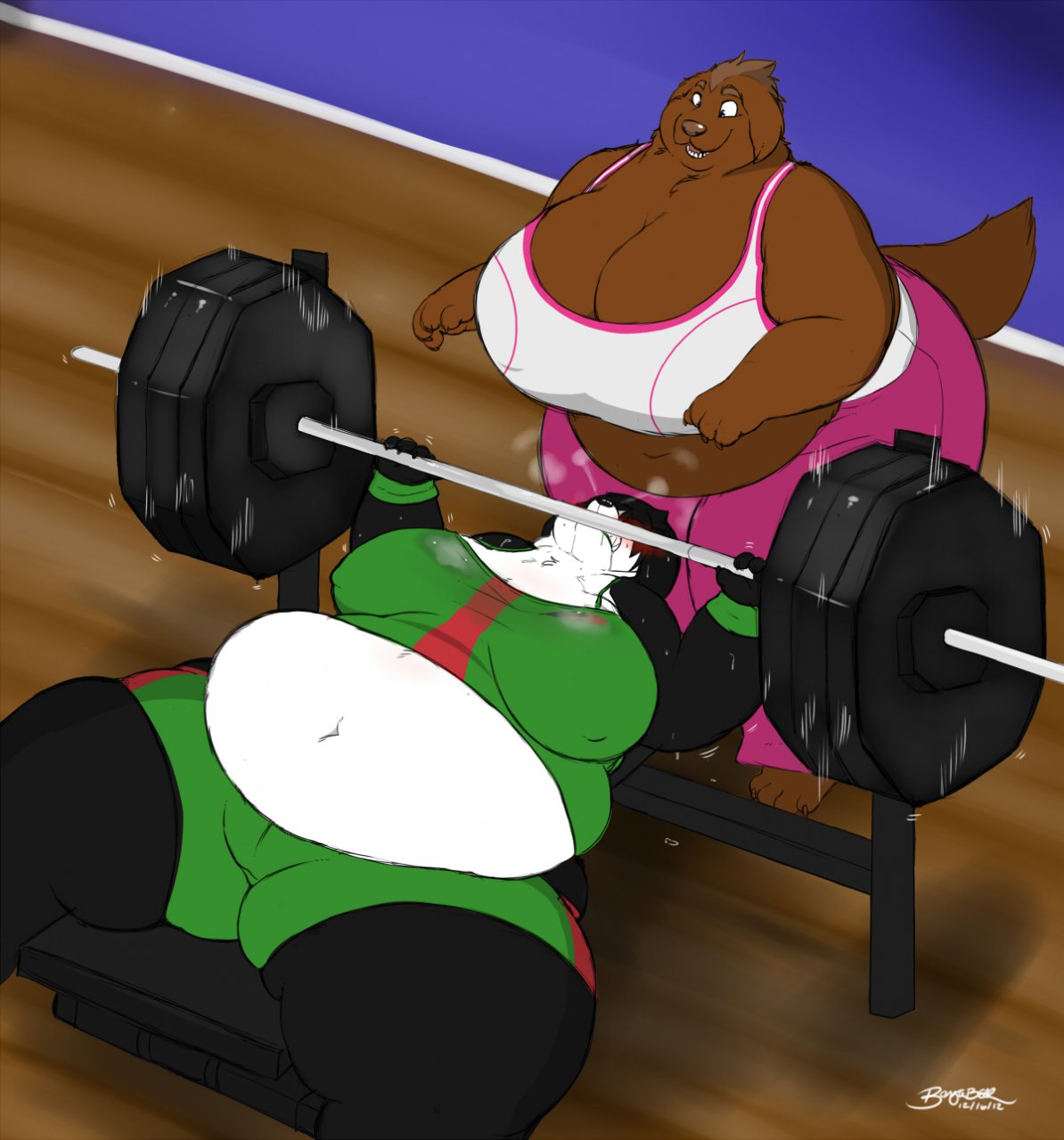 anthro bangabear belly bench_press big_belly big_breasts big_butt black_body black_fur blue_wall bodily_fluids bottomwear bra breasts breath brown_body brown_fur butt canid canine canis chubby_female clenched_teeth clothing devin_d_parlett domestic_dog duo exercise female female/female fur giant_panda green_bottomwear green_bra green_clothing green_shorts green_underwear gym gym_clothing gym_equipment heavy_lifting hi_res mammal molosser mountain_dog newfoundland_dog overweight panting pants pink_bottomwear pink_clothing pink_pants shorts smile sports_bra spotting sweat sweatdrop sweaty_breasts teeth thick_arms thick_thighs underwear ursid weightlifting weights white_body white_fur wood_floor workout