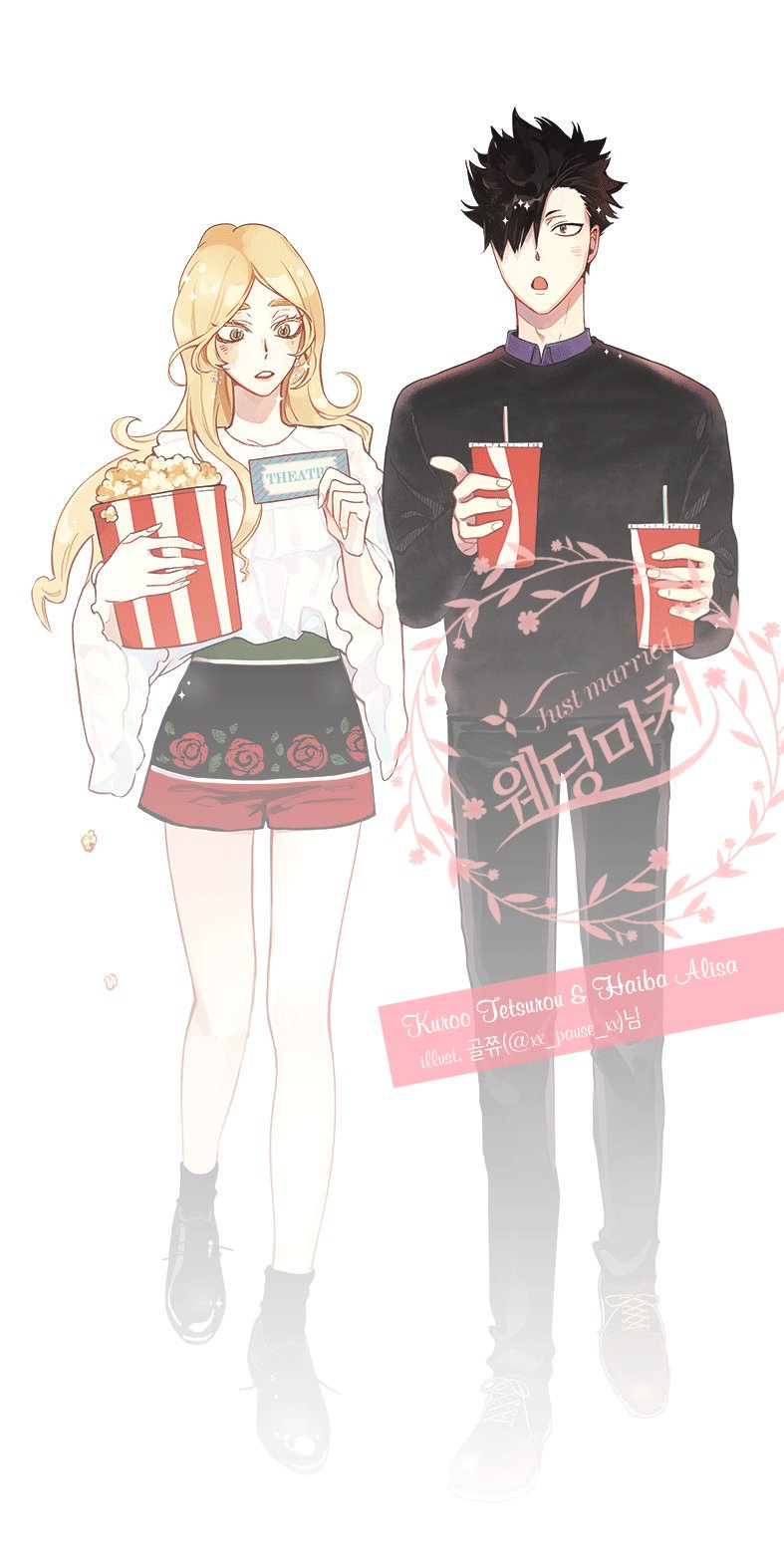 1boy 1girl alternate_costume bangs bare_legs black_footwear black_hair black_pants black_sweater blonde_hair blouse blurry brown_footwear casual character_name collared_shirt couple cross-laced_footwear cup disposable_cup earrings eyebrows eyelashes fingernails food full_body green_eyes haiba_arisa haikyuu!! hetero highres holding holding_cup holding_food jewelry kuroo_tetsurou l0v3_drop long_fingernails long_hair long_sleeves looking_to_the_side open_mouth pants pointing popcorn shirt shoes short_hair short_shorts shorts sparkle spiked_hair standing sweater teeth text_focus theater ticket tongue tongue_out twitter_username walking white_blouse