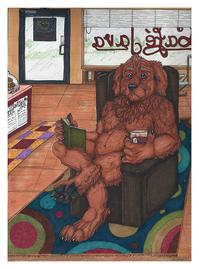 anthro beverage blue_eyes book border brown_eyebrows brown_hair canid canine canis carpet checkered_carpet claws coffee_mug coffee_shop cup detailed_background devin_d_parlett dewlap_(anatomy) domestic_dog electricity eyebrows flomutt food green_book grey_claws grey_pawpads hair jowls male mammal menu molosser mountain_dog muffin multicolored_carpet musclegut neck_tuft newfoundland_dog nude open_book pawpads shaggy_fur sign sitting_on_chair solo tasteful_nudity tea tea_cup teabag traditional_media_(artwork) tuft white_border window_blinds wooden_floor