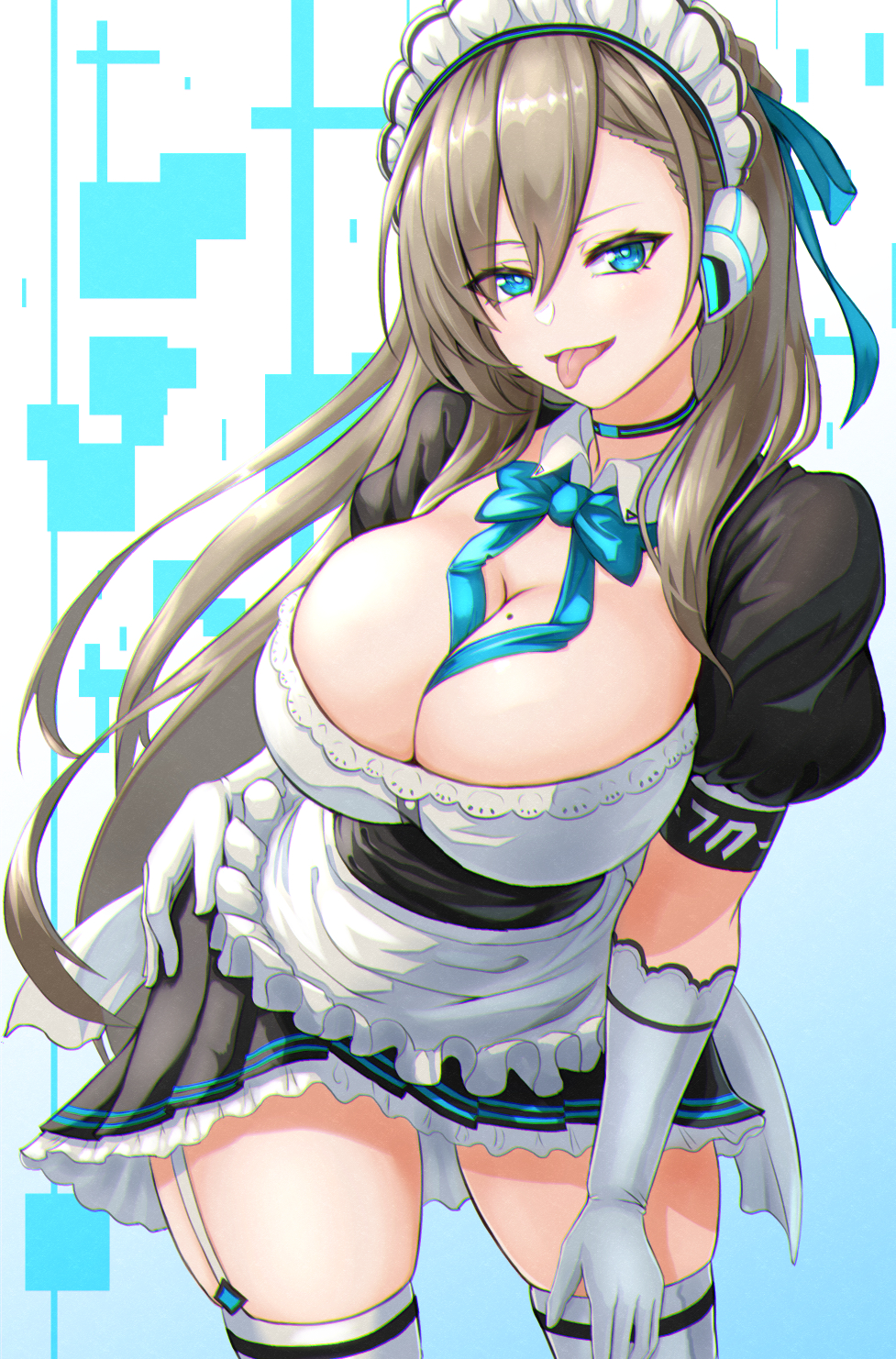 1girl :p apron asuna_(blue_archive) bangs black_dress blue_archive blue_bow blue_eyes blue_neckwear blue_ribbon bow bowtie breasts choker cleavage contrapposto cowboy_shot dress eyebrows_visible_through_hair frilled_apron frills garter_straps gloves hair_between_eyes hair_ribbon hand_on_hip headphones highres large_breasts light_brown_hair long_hair looking_at_viewer maid maid_headdress mole mole_on_breast moppo pleated_dress puffy_short_sleeves puffy_sleeves ribbon short_sleeves skindentation solo thighs tongue tongue_out waist_apron white_apron white_gloves