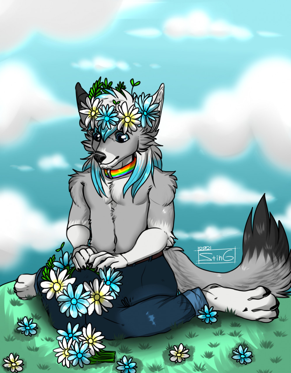 accessory anthro canid canine canis cloud dante_kinkade flower flower_crown flower_in_hair hair hair_accessory hi_res kneeling male mammal nature plant sitting_on_grass sitting_on_ground solo sting_12 wolf