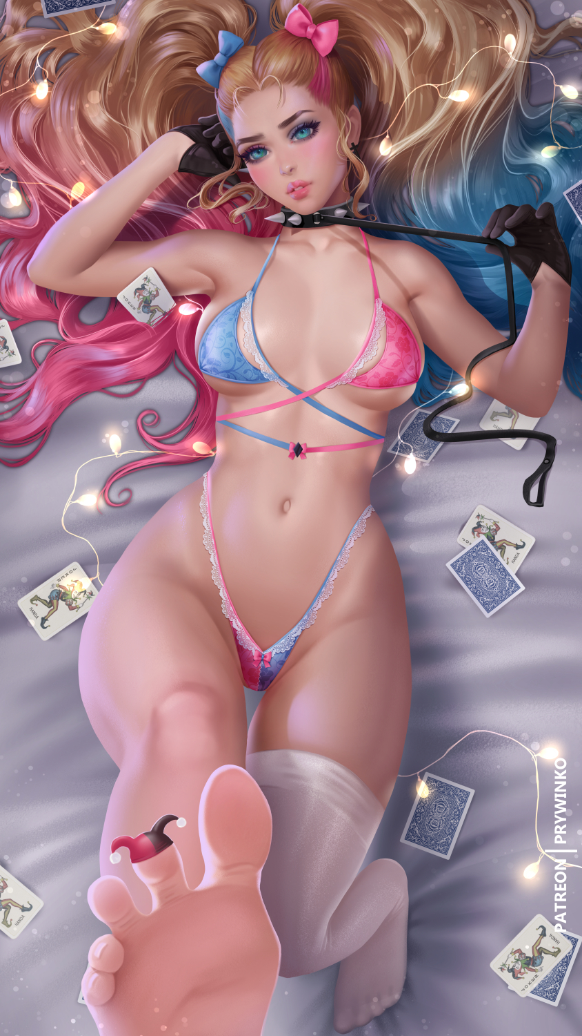 1girl black_gloves black_hair blue_eyes bow bra breasts breasts_apart card collar dc_comics full_body gloves hair_bow harley_quinn highleg highleg_panties highres joker_(card) leash lips looking_at_viewer medium_breasts multicolored_hair navel on_bed panties parted_lips patreon_username playing_card prywinko red_hair single_thighhigh solo spiked_collar spikes thighhighs toes twintails two-tone_bra two-tone_hair two-tone_leotard two-tone_panties underwear underwear_only white_legwear