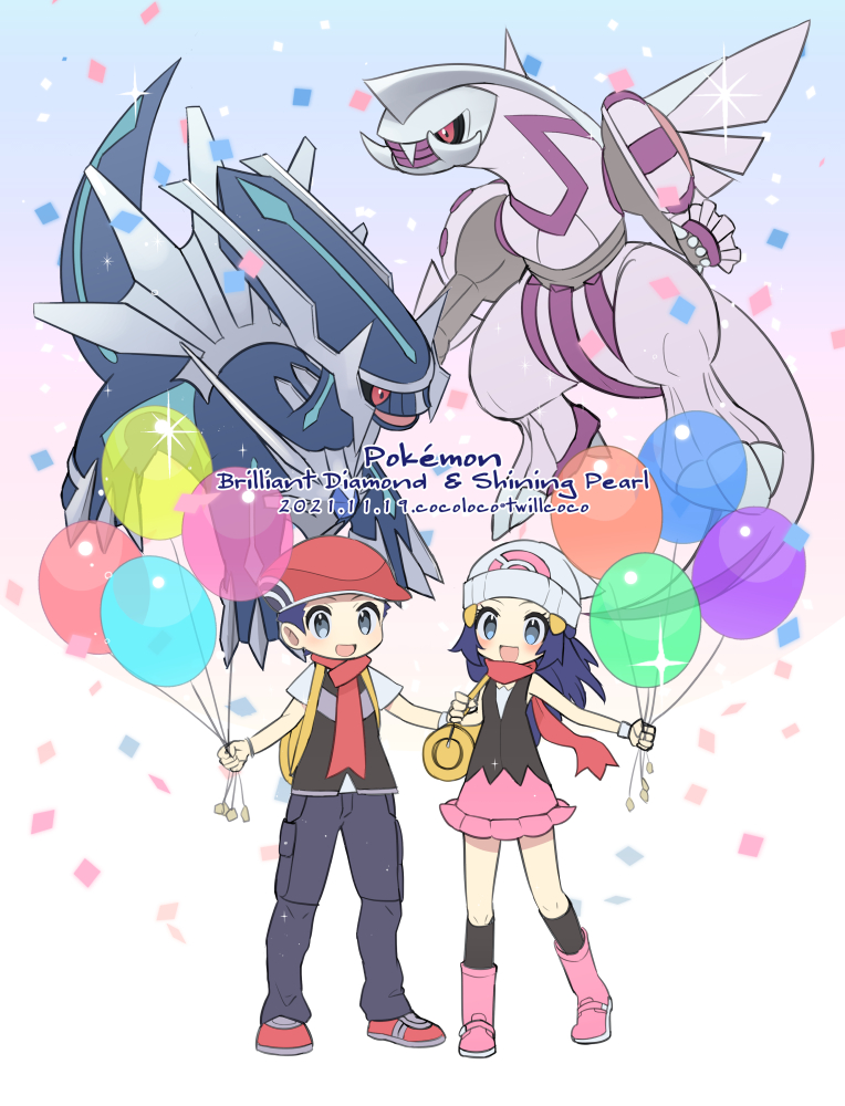 1boy 1girl :d bag balloon beanie black_legwear boots cocoloco commentary_request copyright_name dated dawn_(pokemon) dialga duffel_bag eyelashes grey_eyes hair_ornament hairclip hat holding holding_string kneehighs long_hair lucas_(pokemon) open_mouth palkia pants pink_footwear pink_skirt pokemon pokemon_(creature) pokemon_(game) pokemon_bdsp red_headwear red_scarf scarf shirt shoes short_hair short_sleeves skirt sleeveless sleeveless_shirt smile sparkle standing string tongue white_headwear