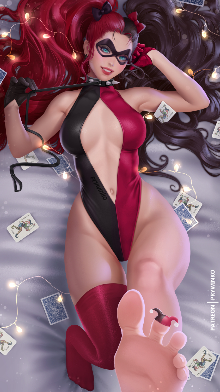 1girl black_gloves black_hair black_leotard blue_eyes bow breasts breasts_apart card center_opening collar dc_comics domino_mask full_body gloves grin hair_bow harley_quinn highleg highleg_leotard highres joker_(card) leash leotard lips looking_at_viewer mask medium_breasts multicolored_hair navel on_bed patreon_username playing_card prywinko red_gloves red_hair red_legwear red_leotard single_thighhigh smile solo spiked_collar spikes thighhighs toes twintails two-tone_hair two-tone_leotard
