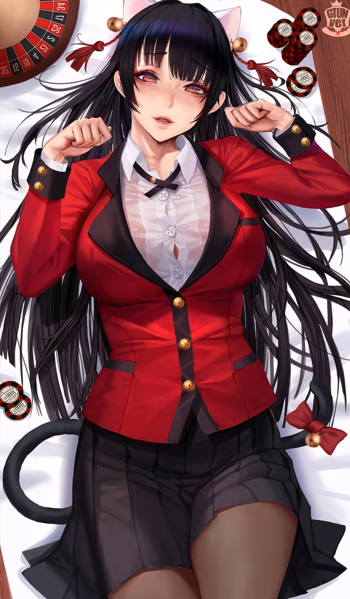 1girl animal_ears bangs black_hair blunt_bangs bolo_tie breasts card cat_ears cat_tail collared_shirt dress_shirt gtunver highres hime_cut hyakkaou_academy_uniform jabami_yumeko jacket kakegurui large_breasts long_hair lying on_back pantyhose paw_pose pleated_skirt poker_chip red_jacket red_suit shirt skirt suit_jacket tail white_shirt