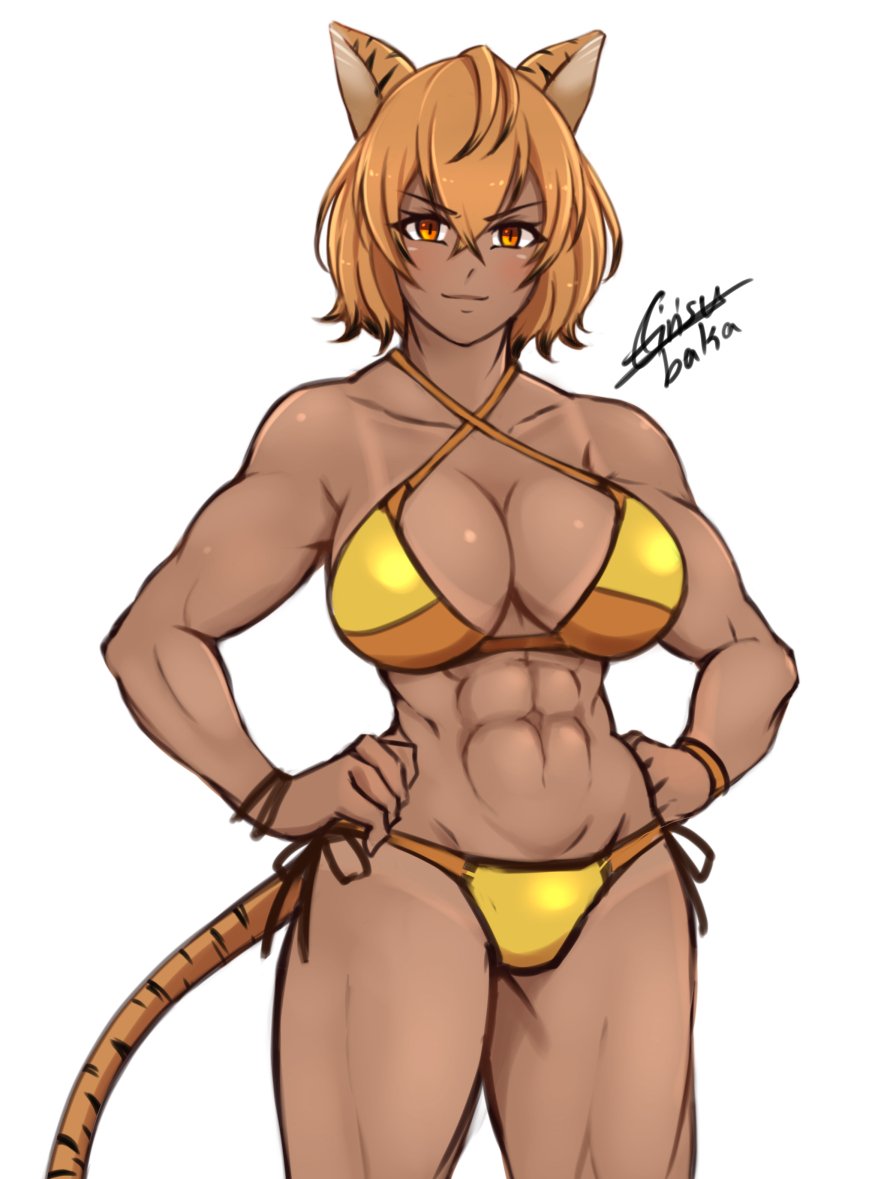 abs airisubaka animal_humanoid big_breasts bikini biped black_stripes bottomwear bracelet breasts cleavage clothed clothing dark_body dark_skin felid felid_humanoid female front_view fur hair hands_on_hips humanoid jewelry looking_at_viewer mammal mammal_humanoid midriff monotone_hair multicolored_ears muscular muscular_female muscular_humanoid navel orange_body orange_fur orange_hair pantherine pantherine_humanoid portrait quads simple_background solo standing striped_tail stripes suntan swimwear tan_body tan_line tan_skin three-quarter_portrait tiger_humanoid topwear two_tone_ears two_tone_tail white_background yellow_bottomwear yellow_clothing yellow_topwear