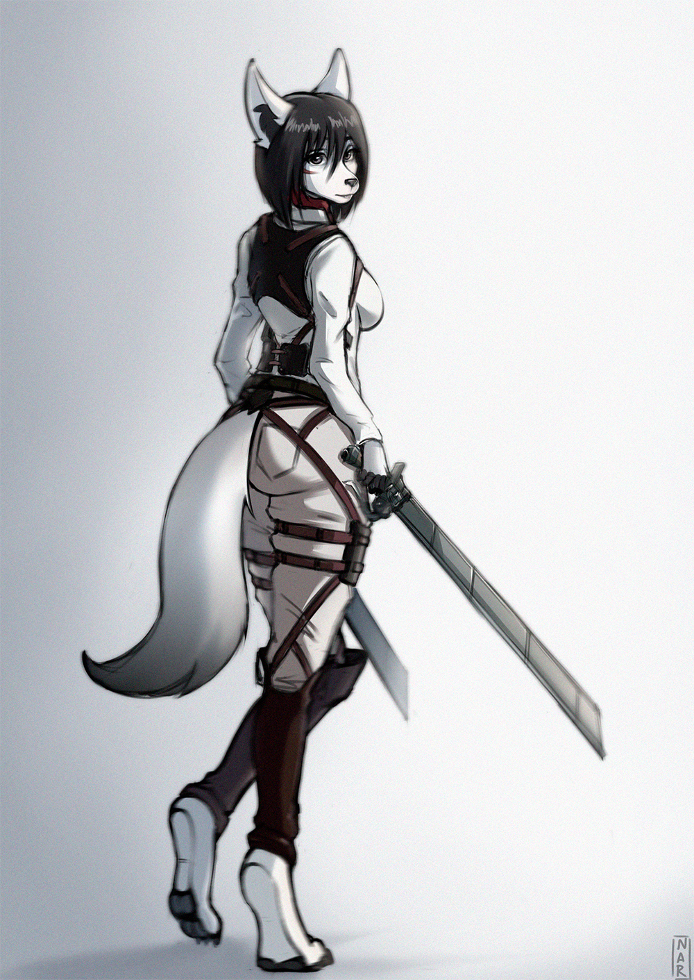 anime anthro aot armor attack_on_titan belt bottomwear breasts butt canid canine canis clothed clothing digital_media_(artwork) female full-length_portrait fur hair hi_res holding_object holding_weapon looking_at_viewer mammal melee_weapon mikasa_ackerman narikusha portrait simple_background sketch snk solo standing sword topwear weapon white_background wolf
