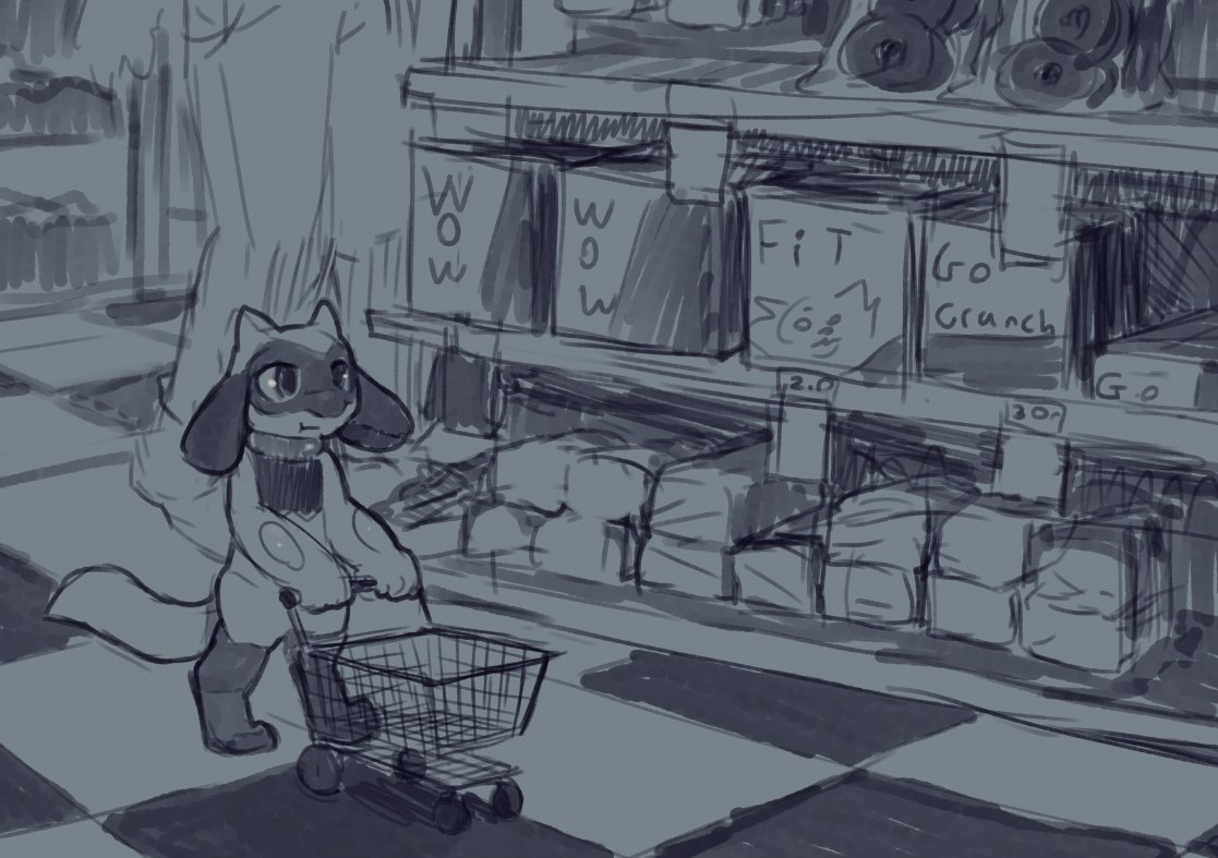 ambiguous_gender anthro canid canine conditional_dnp dacad detailed_background duo food greyscale groceries grocery_store human inside mammal monochrome nintendo pok&eacute;mon pok&eacute;mon_(species) riolu shopping_cart size_difference solo_focus standing supermarket tagme video_games