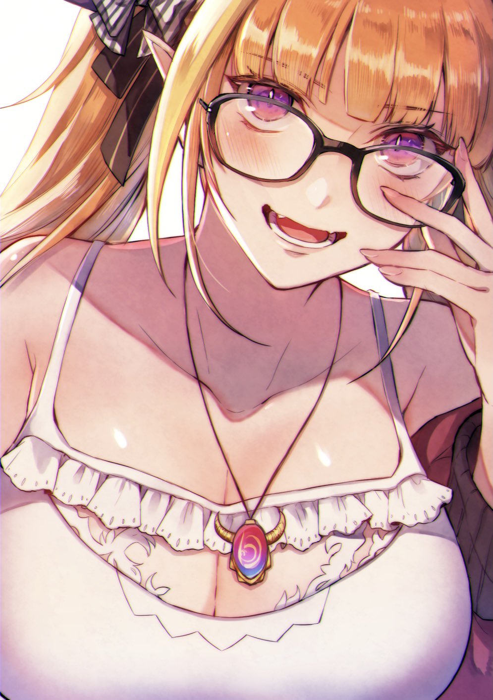 1girl adjusting_eyewear armpit_crease artist_request bangs bare_shoulders black-framed_eyewear black_ribbon blonde_hair blunt_bangs blush bow breasts bright_pupils camisole cleavage cleavage_cutout close-up clothing_cutout collarbone commentary_request diagonal-striped_bow dragon_girl dragon_horns eyebrows_visible_through_hair fangs fingernails frilled_camisole glasses hair_ribbon hand_up highlights highres hololive horn_bow horns huge_breasts jacket jewelry kiryu_coco long_fingernails long_hair long_sleeves looking_at_viewer multicolored_hair off_shoulder official_alternate_costume open_mouth orange_hair pendant pointy_ears purple_eyes red_jacket ribbon sidelocks simple_background slit_pupils solo streaked_hair striped striped_bow track_jacket twintails upper_body virtual_youtuber white_background white_camisole white_pupils
