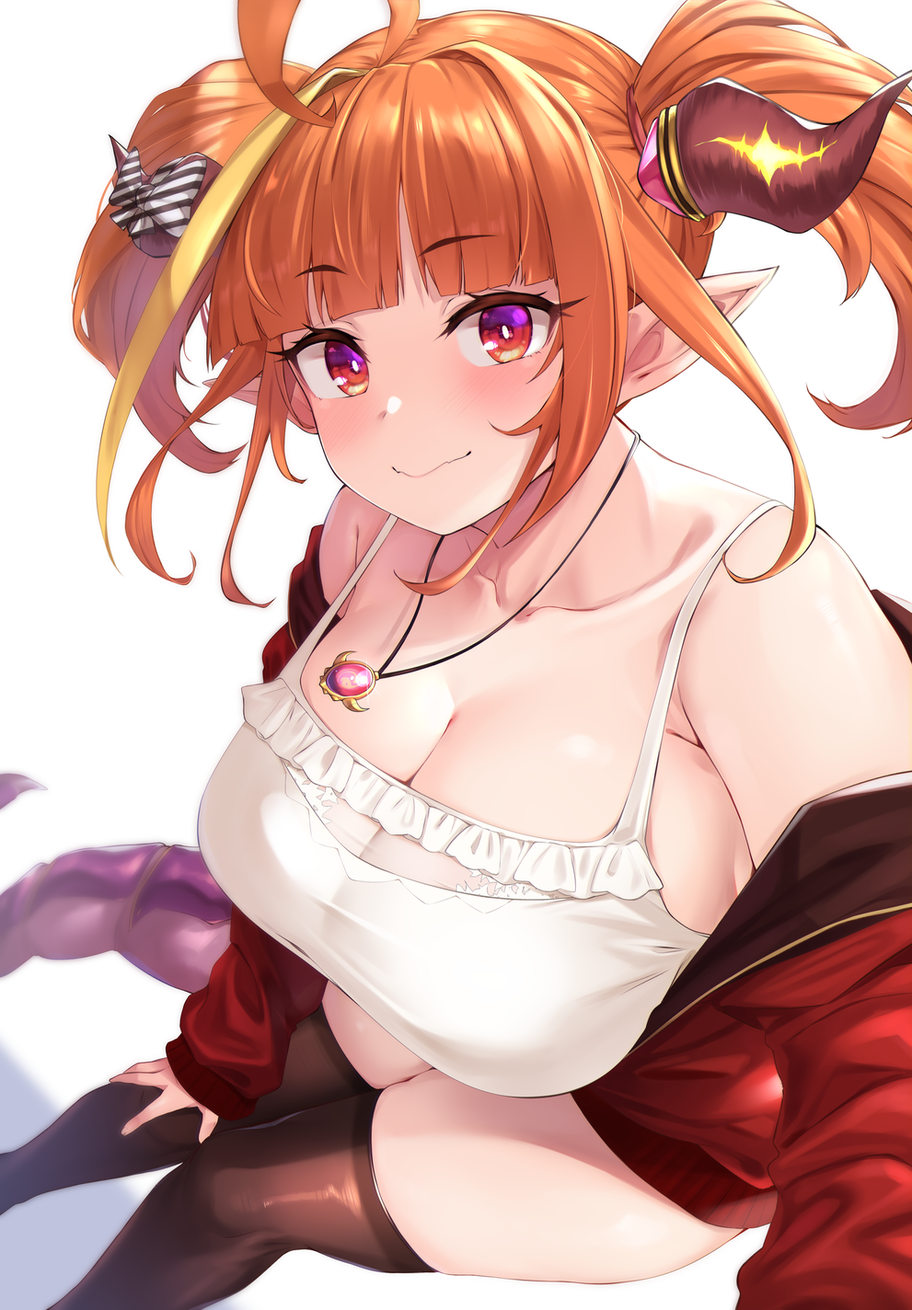 1girl ahoge bangs bare_shoulders black_legwear blonde_hair blunt_bangs blush bow breasts bright_pupils camisole cleavage collarbone diagonal-striped_bow dragon_girl dragon_horns dragon_tail eyebrows_visible_through_hair feet_out_of_frame frilled_camisole hair_intakes hand_on_own_knee highlights highres hololive horn_bow horns jacket jewelry kiryu_coco large_breasts leaning_forward long_sleeves looking_at_viewer medium_hair moisture_(chichi) multicolored multicolored_eyes multicolored_hair off_shoulder official_alternate_costume open_clothes open_jacket orange_hair partially_unzipped pendant pointy_ears purple_eyes red_eyes red_jacket scales see-through sideboob sidelocks simple_background smile solo spaghetti_strap streaked_hair striped striped_bow tail thighhighs track_jacket twintails virtual_youtuber white_background white_camisole white_pupils