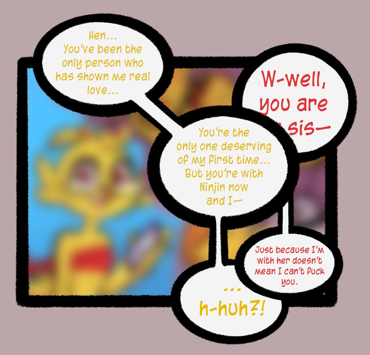 2021 anthro avian bird blurred_background chicken comic dialogue english_text female galliform gallus_(genus) phasianid solo sunny_(thehenwithatie) text thehenwithatie yellow_body