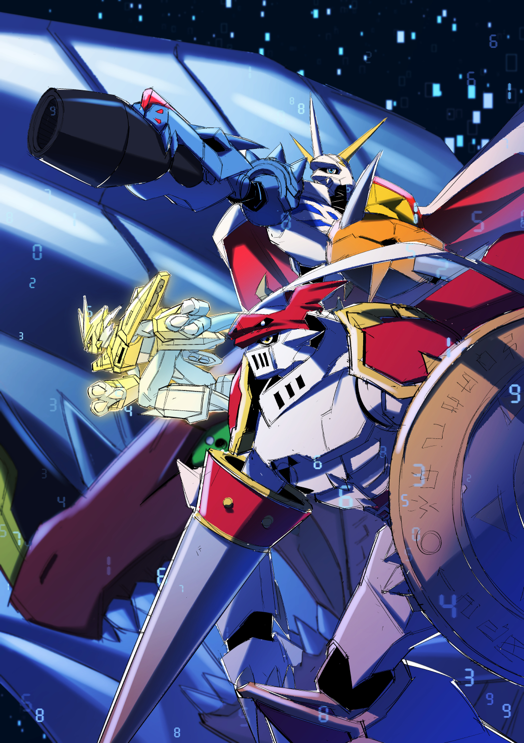 arm_up armor bbb_(fabio8552) black_background blue_skin cape character_request claws colored_skin digimon digimon_(creature) dukemon from_side gold_armor green_eyes gun highres holding horns knight lance magnamon no_humans number omegamon polearm sharp_teeth shield teeth weapon yellow_eyes