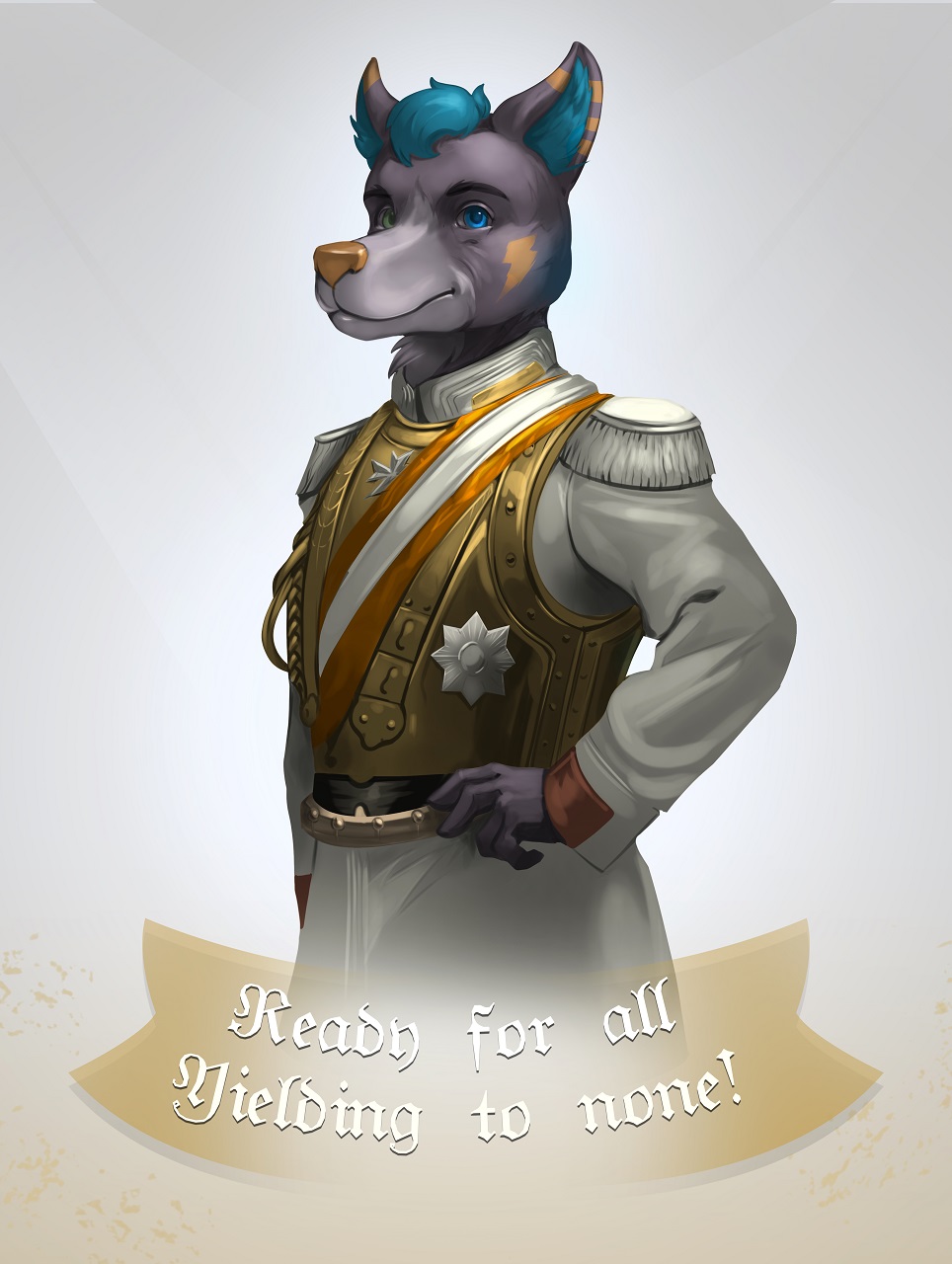 ! 2020 anthro armor blue_hair canid canine canis clothing domestic_dog english_text eyebrows fur gold_(metal) green_eyes hair heterochromia hi_res inner_ear_fluff lightning_bolt looking_at_viewer male mammal medal military military_uniform pimpartist portrait prussian purple_body purple_fur simple_background solo tattoo text traditional_media_(artwork) tuft uniform yellow_nose
