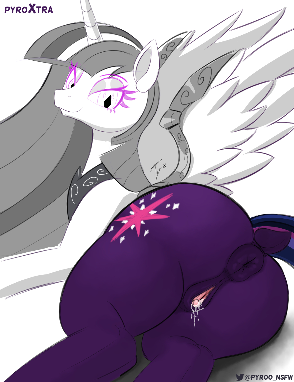 anus cutie_mark equid equine female friendship_is_magic genitals hair hasbro hi_res horn long_hair looking_at_viewer looking_back looking_back_at_viewer mammal my_little_pony puffy_anus pupils pussy pyroxtra restricted_palette slit_pupils solo twilight_sparkle_(mlp) winged_unicorn wings