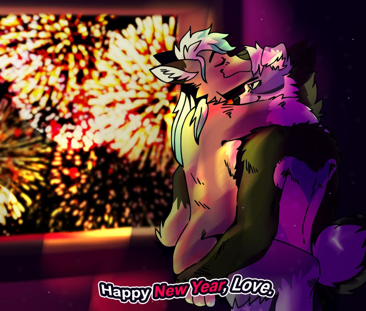 anthro canid canine canis dante_kinkade domestic_dog duo fireworks holding_on holidays male male/male mammal new_year new_years_eve sex smile standing standing_sex unknown_artist wolf