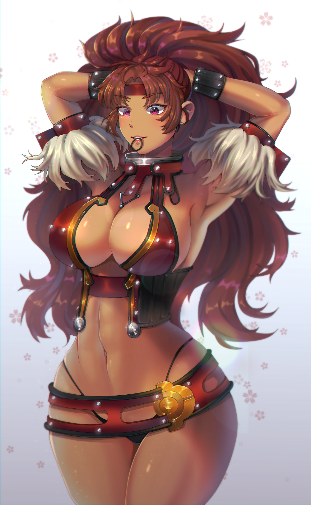 1girl armlet arms_up bangs belt beltskirt biscottidraw bracelet breasts brown_hair cleavage dark_skin dark_skinned_female hair_tie_in_mouth headband highres jewelry large_breasts lens_flare looking_at_viewer midiff mouth_hold navel parted_bangs purple_hair queen's_blade red_headband risty standing