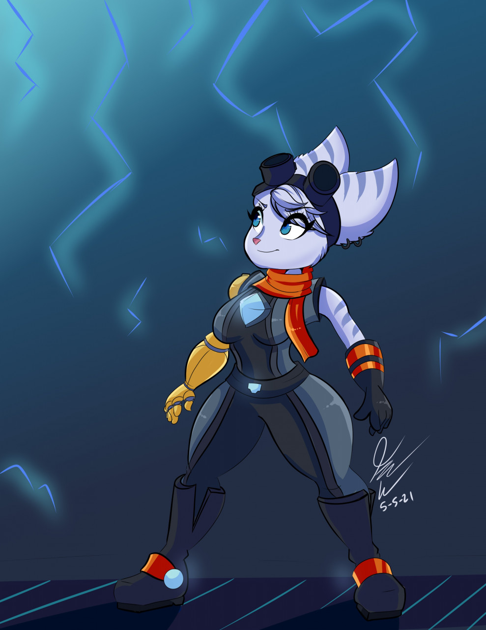 2021 5_fingers anthro big_breasts blue_eyes breasts clothed clothing curvaceous curvy_figure cybernetic_arm cybernetic_limb ear_piercing eyewear female fingers fur goggles goggles_on_head hi_res lingchun lombax looking_up mammal piercing prosthetic prosthetic_arm prosthetic_limb ratchet_and_clank rivet_(ratchet_and_clank) scarf signature smile solo sony_corporation sony_interactive_entertainment standing stripes thick_thighs video_games voluptuous wide_hips