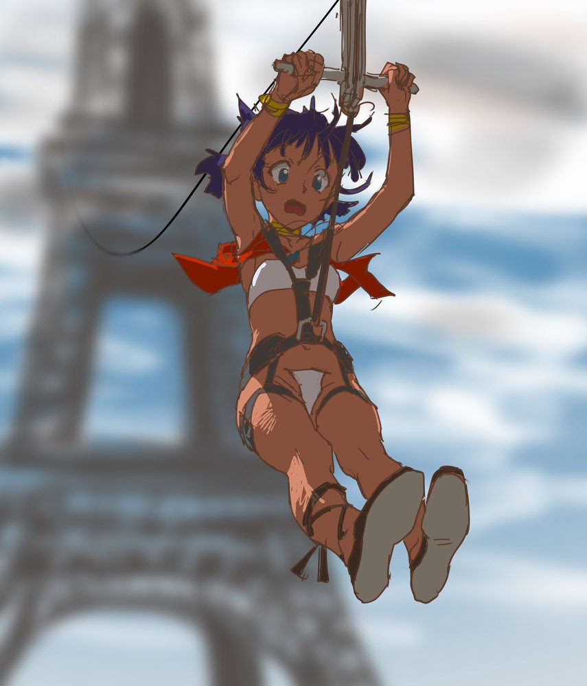 1girl bandeau bracelet cloud dark_skin dark_skinned_female earrings eiffel_tower fushigi_no_umi_no_nadia green_eyes hair_ornament hairclip jewelry nadeara_bukichi nadia neck_ring necklace open_mouth purple_hair short_hair solo strapless tubetop vest