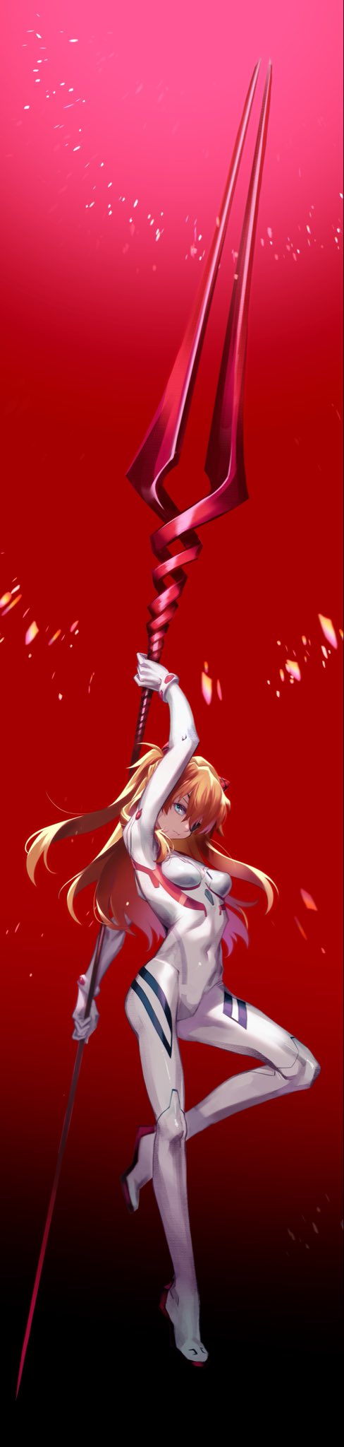 1girl arm_up bident breasts closed_mouth commentary_request covered_navel evangelion:_3.0+1.0_thrice_upon_a_time eyepatch full_body highres holding holding_spear holding_weapon lance_of_longinus long_hair long_image looking_at_viewer medium_breasts neon_genesis_evangelion orange_hair plugsuit polearm rebuild_of_evangelion red_background shikinami_asuka_langley shirou solo souryuu_asuka_langley spear tall_image weapon