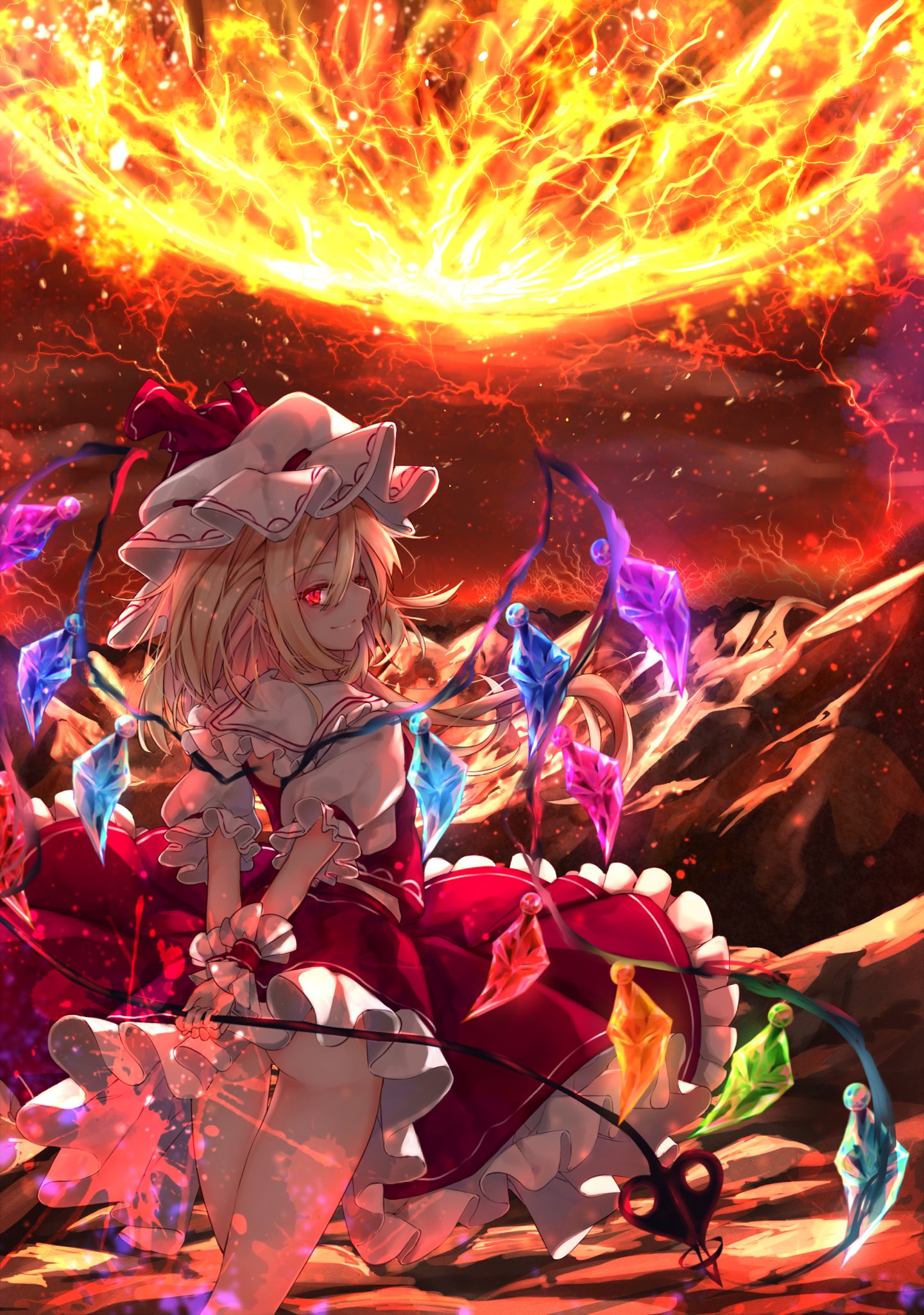 1girl arms_behind_back ass blonde_hair calpis118 commentary_request crystal energy_ball feet_out_of_frame flandre_scarlet glowing glowing_eyes grin hair_between_eyes hat highres holding holding_polearm holding_weapon laevatein looking_back medium_hair mob_cap outdoors petticoat polearm profile red_eyes red_skirt red_vest sideways_glance skirt smile solo touhou vest weapon wings wrist_cuffs
