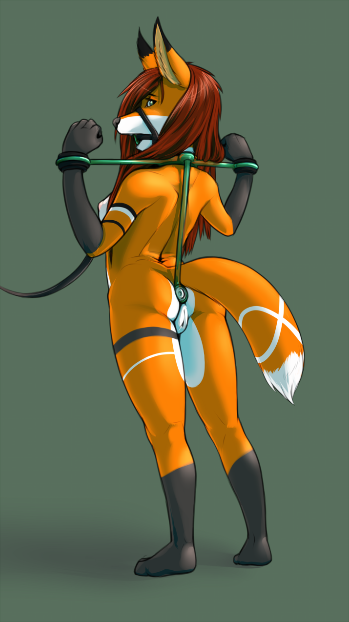 anal anthro barefoot bdsm bondage bound buttplug canid canine dipstick_tail feet female forced_pose fox gag gagged genitals green_eyes hair hi_res ivory-raven leash looking_at_viewer looking_back mammal multicolored_tail orange_body pussy red_hair ring_gag sefris sex_toy shackles solo standing wrist_cuff yoke_(restraint)