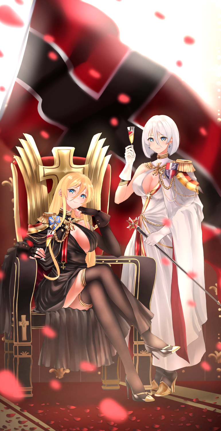 1girl 2020 aiguillette artist_name asymmetrical_clothes azur_lane banned_artist bismarck_(azur_lane) bismarck_(beacon_of_the_ironblood)_(azur_lane) bismarck_(coat_of_arms) black_dress blonde_hair blue_eyes breasts cape character_name cleavage_cutout clothing_cutout coat_of_arms commentary cross cross_earrings dress earrings elbow_rest english_commentary epaulettes evening_gown eyebrows_visible_through_hair full_body gloves gold hair_between_eyes halter_dress halterneck high_heels highres holding holding_scepter instrument iron_cross jewelry large_breasts medal medium_hair mior red_ribbon ribbon scepter side_slit single_bare_shoulder solo thighhighs throne tirpitz_(azur_lane) tirpitz_(iron_blood_snowstorm)_(azur_lane) white_cape white_gloves white_hair