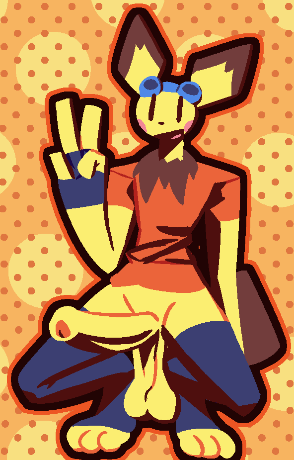 anthro baby_pok&eacute;mon balls big_penis bottomless clothed clothing crouching dakuterooty dotted_background eyewear genitals gesture goggles goggles_on_head handwear huge_penis lineless male multicolored_body neck_tuft nintendo open_mouth open_smile outline partially_clothed pattern_background penis pichu pok&eacute;mon pok&eacute;mon_(species) saggy_balls shirt simple_background smile solo t-shirt topwear tuft v_sign video_games