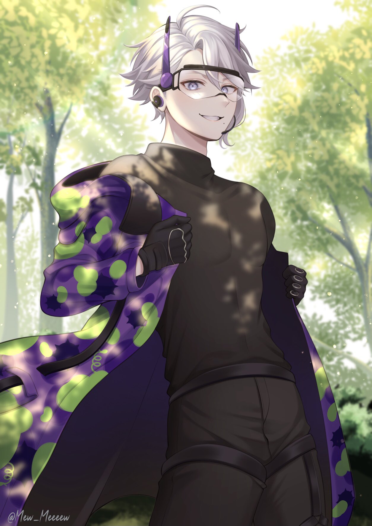1boy artist_name azul_ashengrotto bangs banned_artist black_gloves black_pants black_shirt coat cowboy_shot day forest glasses gloves goggles grey_hair grin highres looking_at_viewer male_focus mole multicolored_coat nabekokoa nature open_clothes open_coat outdoors pants purple_eyes shirt short_hair smile solo standing tree twisted_wonderland undressing