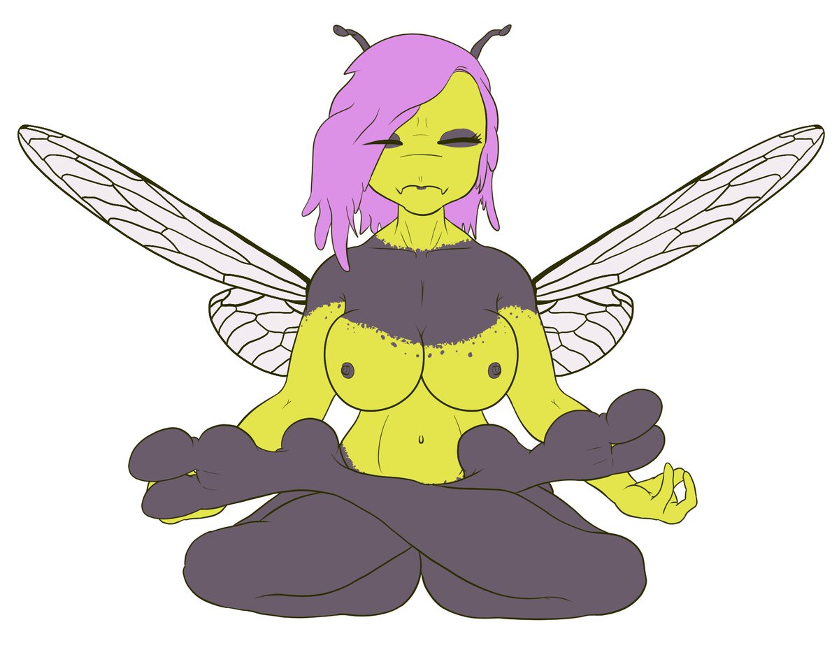 animal_humanoid antennae_(anatomy) anthro arthropod arthropod_humanoid breasts crossed_legs eyes_closed fedupfox female hair humanoid hymenopteran hymenopteran_humanoid insect insect_humanoid meditating meditation nipples purple_hair solo spread_wings wasp wasp_humanoid wings yoga