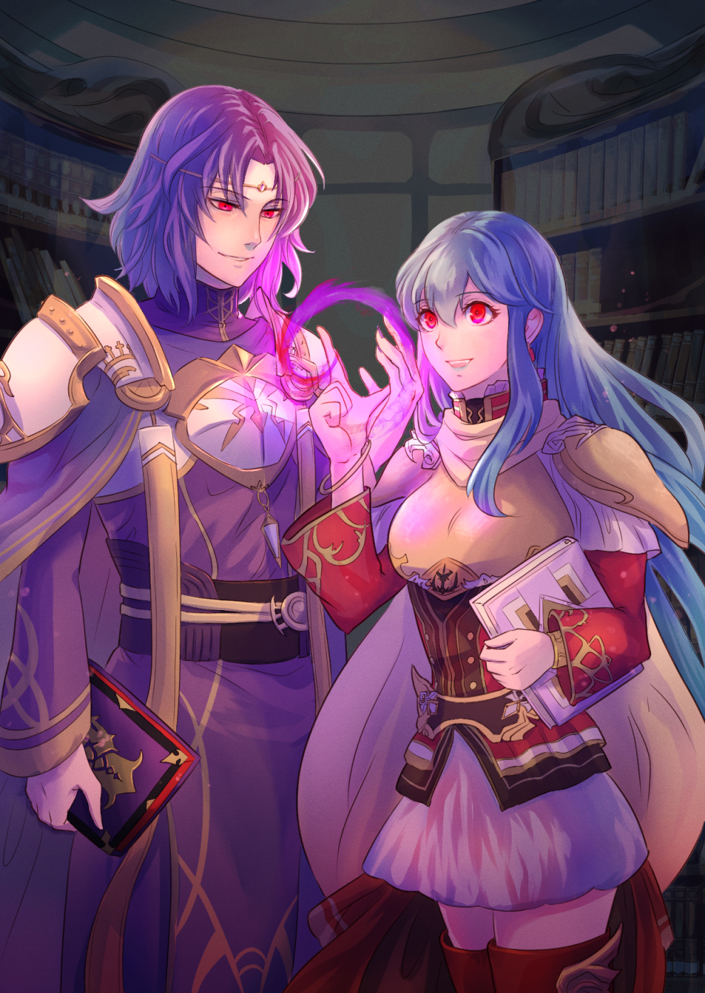 1boy 1girl aqua_hair armor bangs book boots breastplate capelet circlet cloak corruption dark_persona eirika_(fire_emblem) eyebrows_visible_through_hair fire_emblem fire_emblem:_the_sacred_stones fire_emblem_heroes hair_between_eyes highres holding holding_book long_sleeves lyon_(fire_emblem) magic possession purple_hair red_eyes riou_(pooh920) shoulder_armor sidelocks skirt smile thigh_boots thighhighs white_skirt