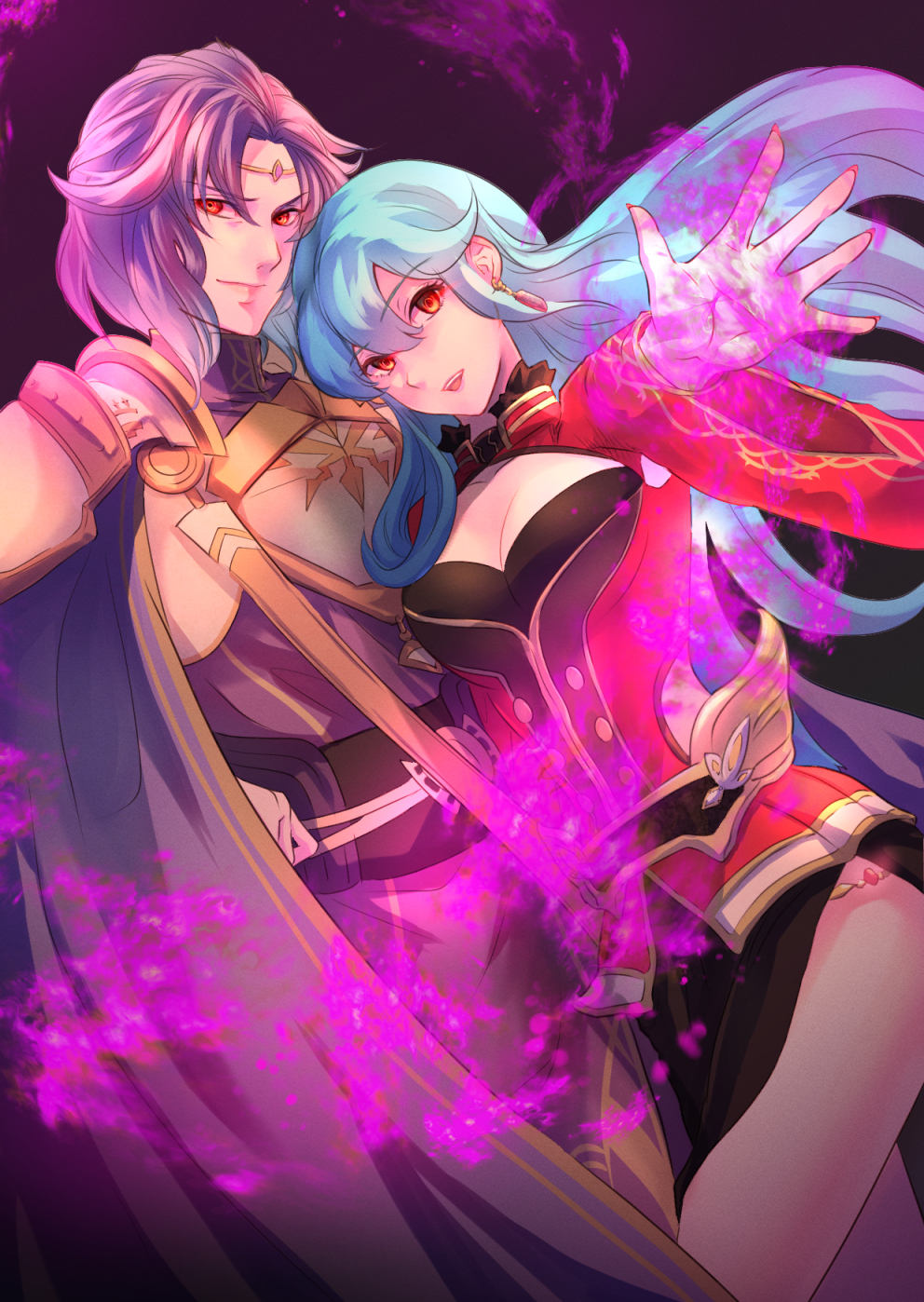 1boy 1girl alternate_costume aqua_hair bangs breasts capelet circlet cleavage cleavage_cutout cloak clothing_cutout corruption dark_persona earrings eirika_(fire_emblem) eyebrows_visible_through_hair fire_emblem fire_emblem:_the_sacred_stones fire_emblem_heroes hair_between_eyes highres jewelry long_sleeves looking_at_viewer lyon_(fire_emblem) magic outstretched_arm possession purple_hair red_eyes riou_(pooh920) side_slit sidelocks skirt white_skirt