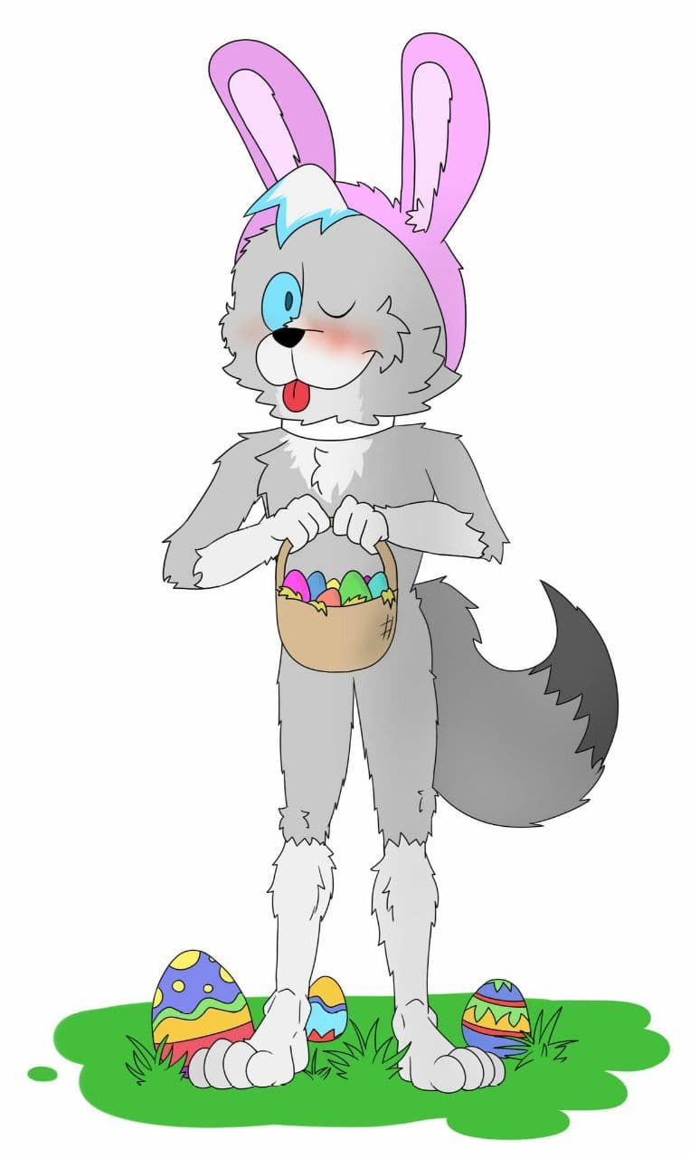anthro basket blep blush bunny_ears_(cosmetic) canid canine canis dante_kinkade easter easter_basket easter_egg gin9811 happy hi_res holidays male mammal one_eye_closed smile solo tongue tongue_out wink wolf