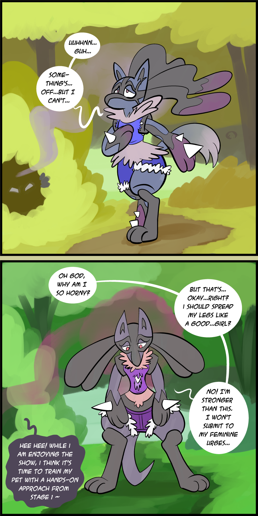 comic dialogue gender_transformation hi_res lucario mega_evolution mega_lucario mtf_transformation nintendo pok&eacute;mon pok&eacute;mon_(species) transformation trevor-fox video_games