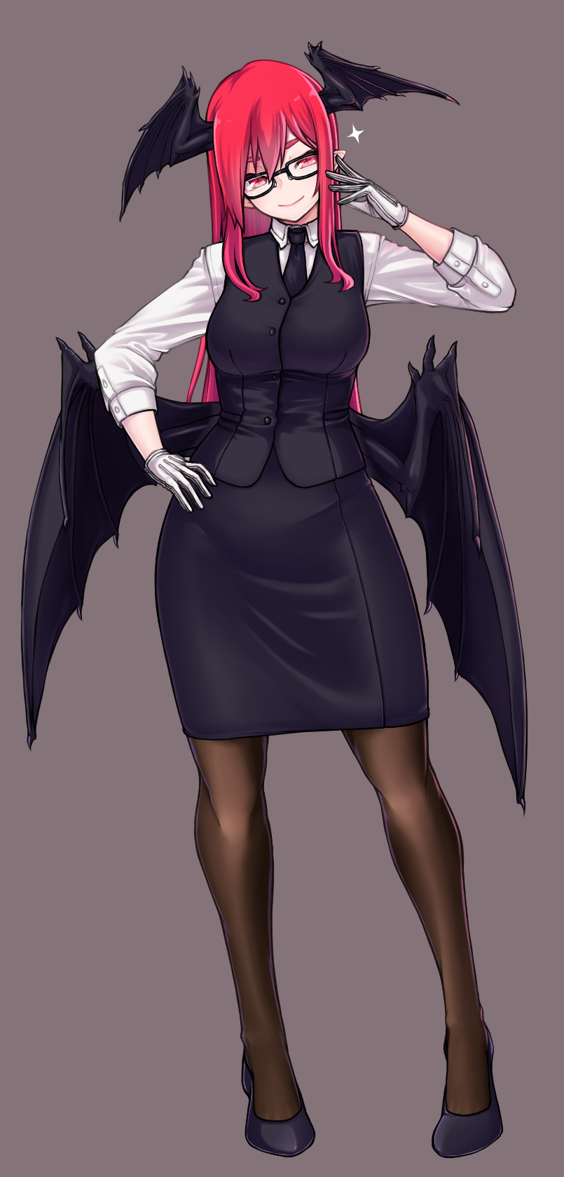 1girl bat_wings black_dress black_footwear black_skirt black_vest blinking collared_shirt crescent demon_girl demon_tail demon_wings dress glasses gloves grey_background haiiro_gundan head_wings high_heels highres koakuma layered_clothing long_hair long_sleeves low_wings necktie pantyhose red_eyes red_hair red_neckwear shirt skirt skirt_set sleeves_rolled_up tail touhou vest white_shirt wings