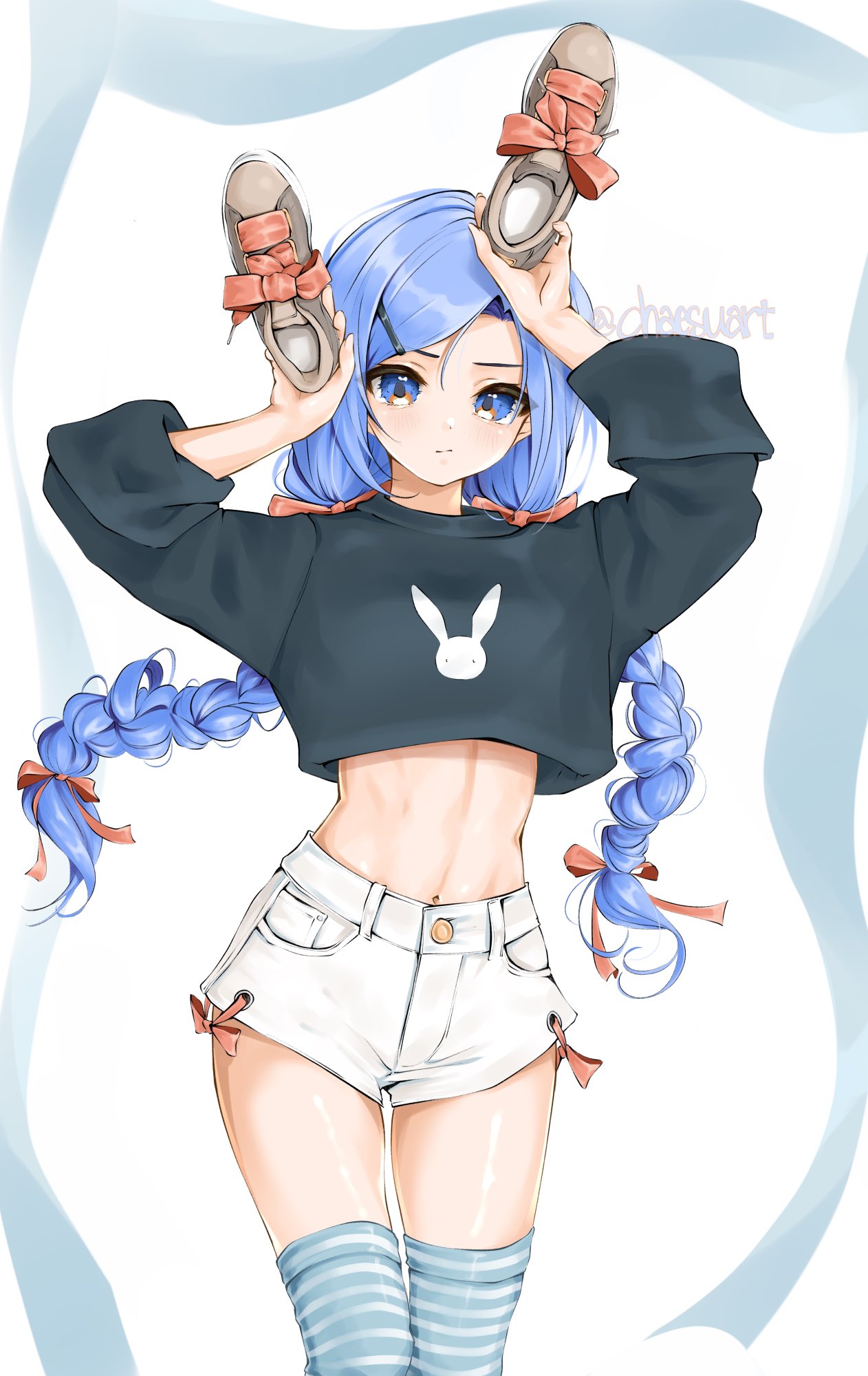 1girl arms_up banned_artist black_shirt blue_eyes blue_hair braid chaesu crop_top crop_top_overhang frown highres holding long_hair long_sleeves looking_at_viewer midriff minah_(chaesu) navel original shirt shoes short_shorts shorts solo standing stomach striped striped_legwear thighhighs thighs twin_braids twintails white_shorts