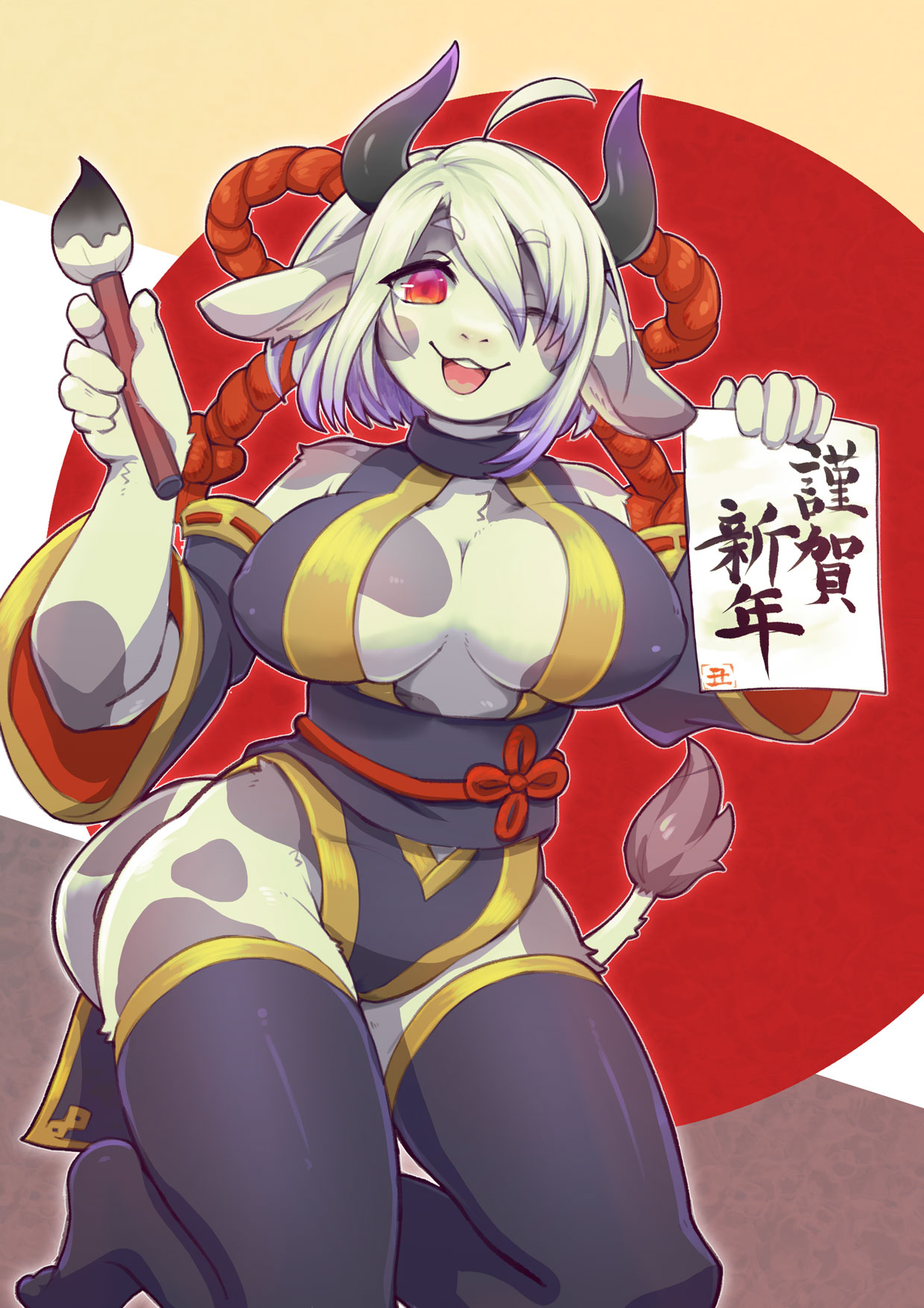 2021 5_fingers ahoge anthro asian_clothing big_breasts biped black_horn bovid bovine breasts brush cattle chinese_clothing chinese_dress chinese_zodiac clothed clothing digital_media_(artwork) dress east_asian_clothing female fingers footwear hair hanadaiteol hi_res holding_brush holding_object holding_paper holstein_friesian_cattle horn japanese_text kneeling legwear looking_at_viewer mammal nipple_outline one_eye_closed open_mouth open_smile red_eyes smile socks solo tail_tuft text thigh_highs thigh_socks translation_request tuft white_hair wink winking_at_viewer year_of_the_ox
