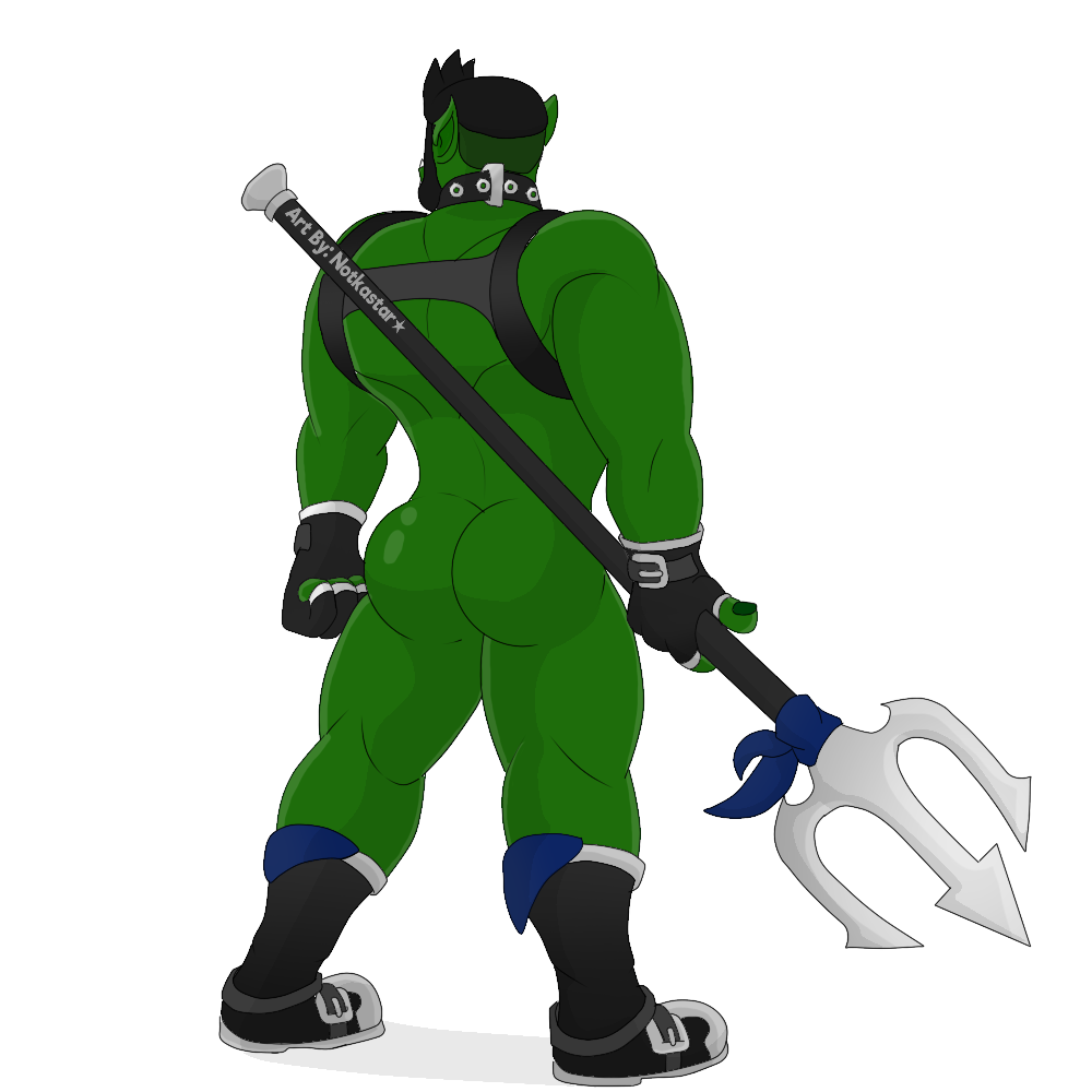 boots butt clothing collar footwear gloves green_body green_skin hair handwear harness humanoid male melee_weapon mostly_nude muscular muscular_humanoid muscular_male notkastar orc orc_humanoid polearm solo spear trident weapon